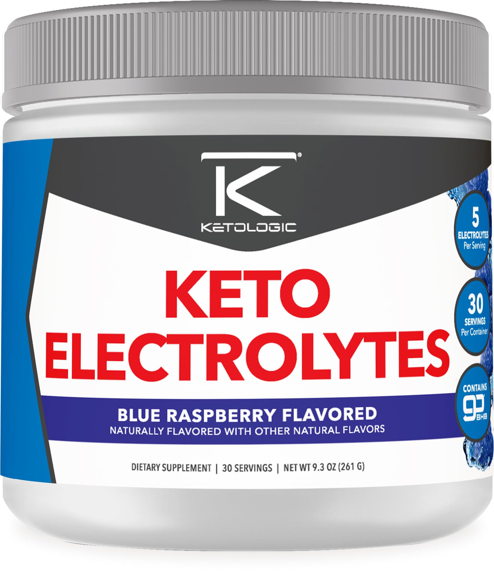 Ketologic Keto Electrolyte Powder Blue Raspberry bottle ready for hydration.