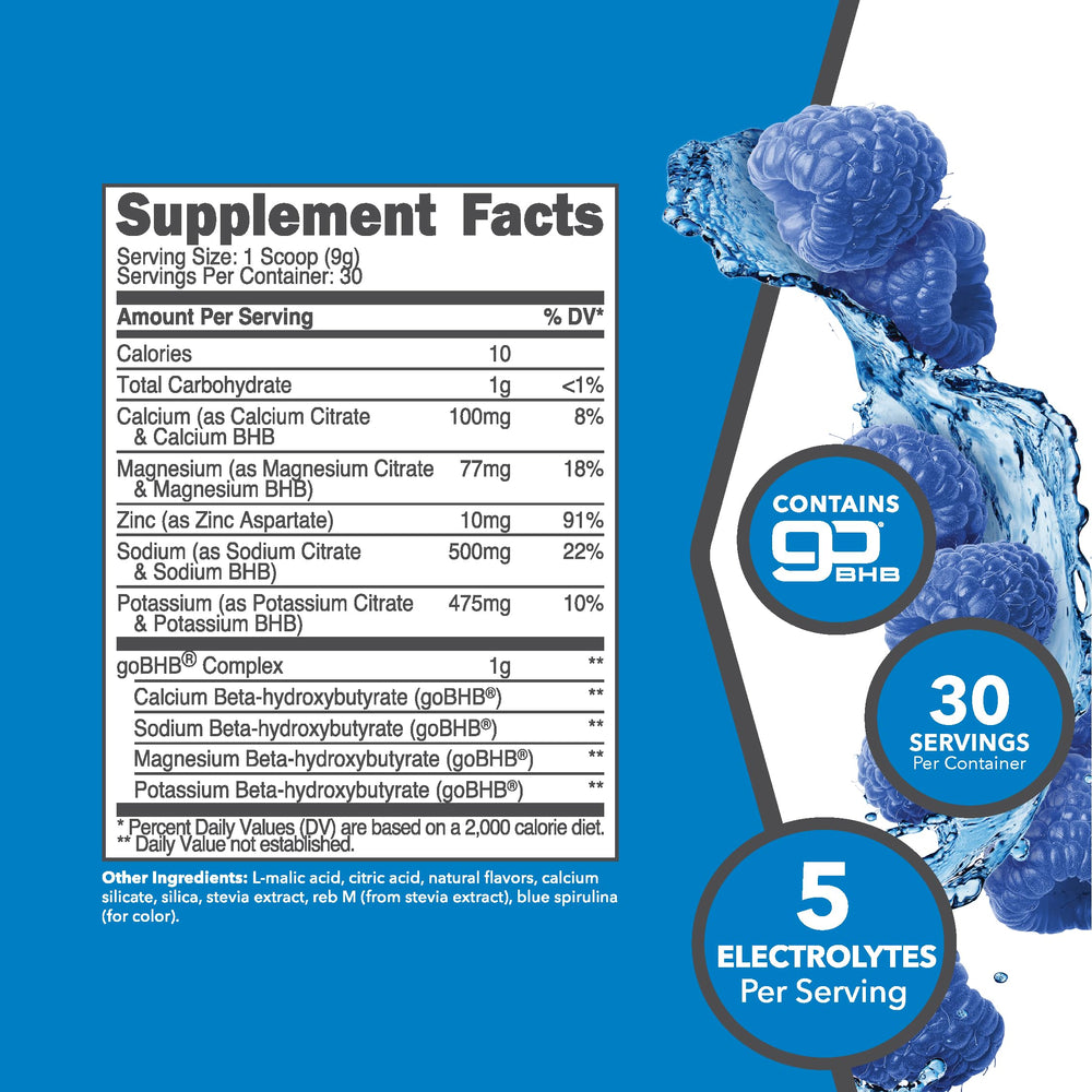 Ketologic Blue Raspberry electrolyte powder pack for on-the-go hydration.