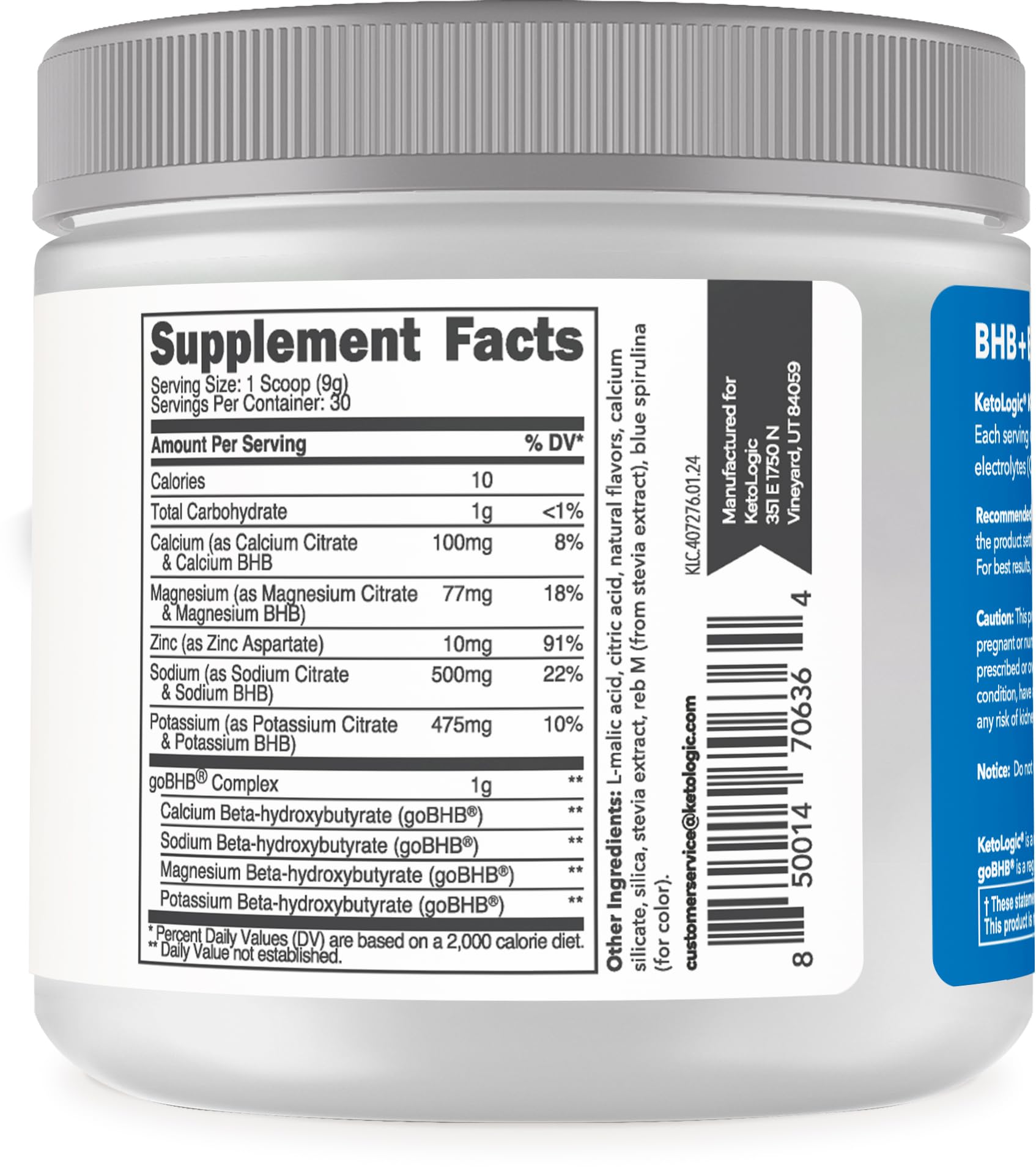 Ketologic Keto Electrolyte Powder Blue Raspberry close-up signals purity for hydration.