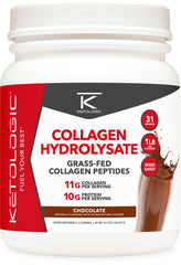 Ketologic Grass-Fed Collagen chocolate powder jar front view showing label for daily protein use