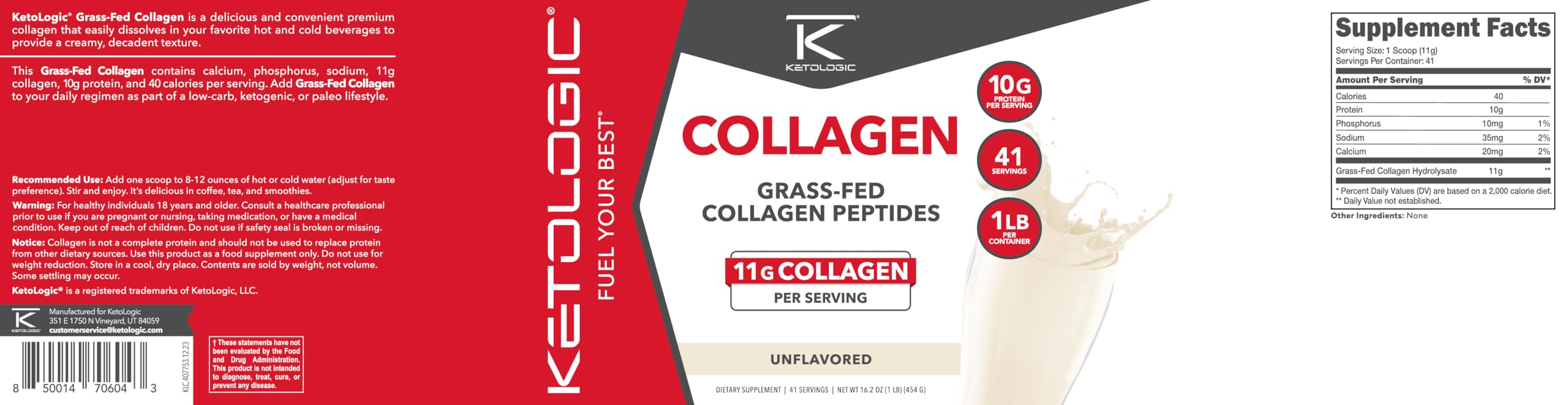 Ketologic collagen powder label close-up with quality seals