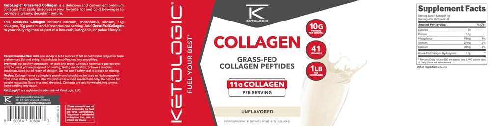 Ketologic collagen powder label close-up with quality seals