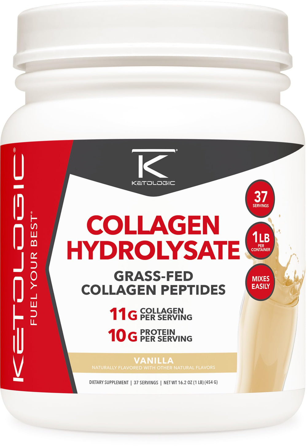 Ketologic grass-fed collagen vanilla powder tub ready for daily protein enrichment.