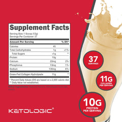 Ketologic vanilla collagen powder with scoop for easy measuring.