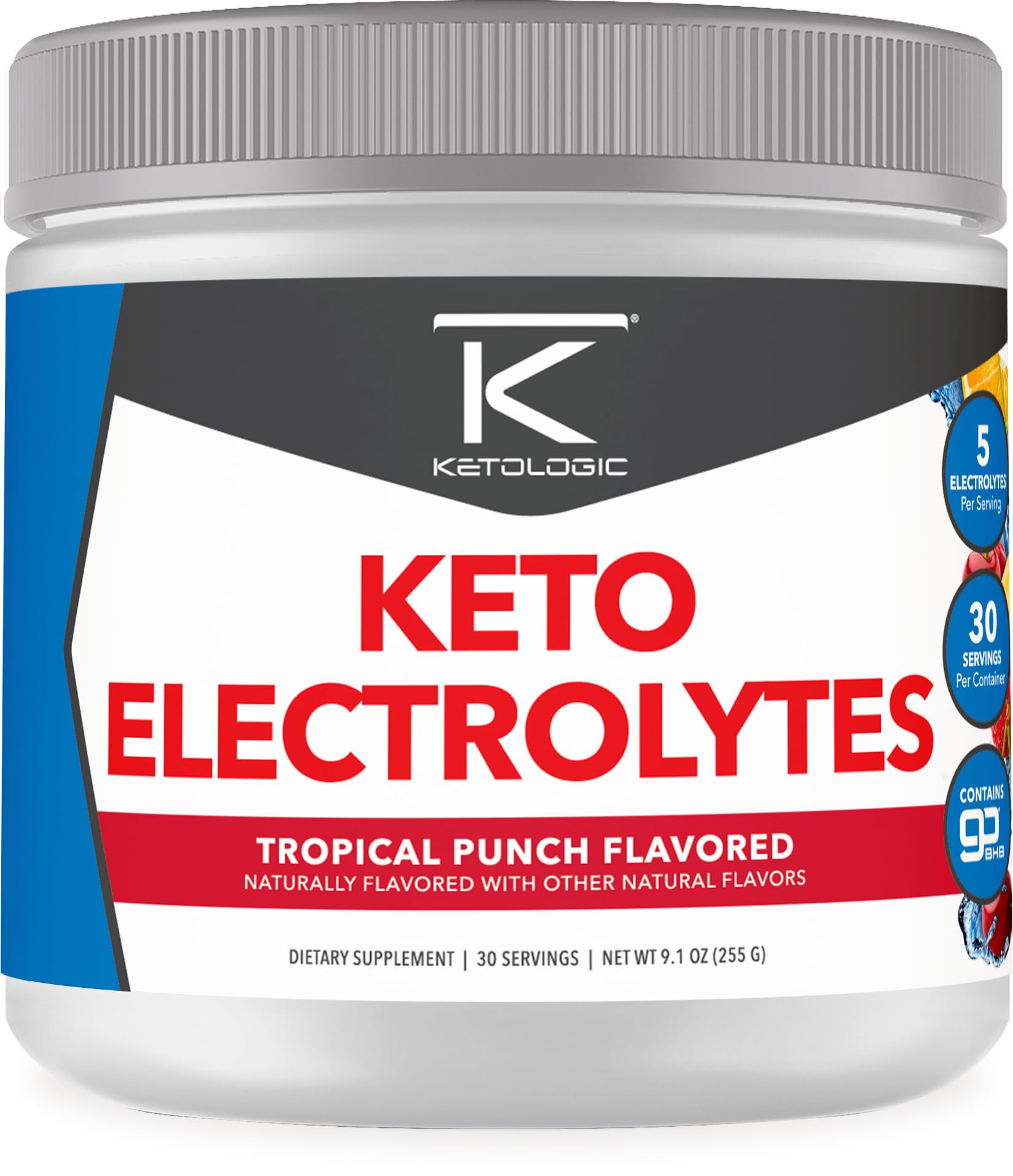 Ketologic Keto Electrolyte Powder Tropical Punch bottle enabling sugar-free hydration.
