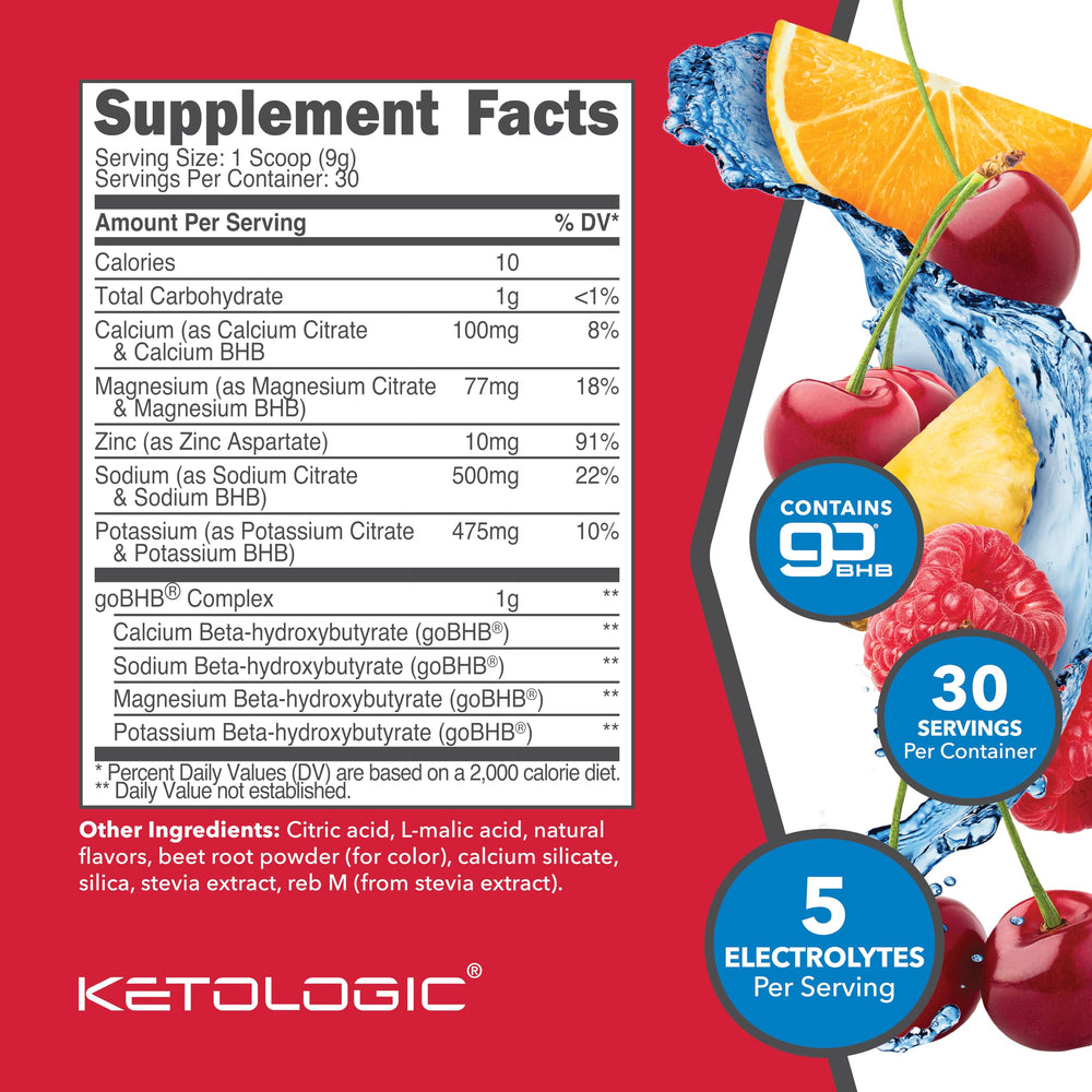 Ketologic Keto Electrolyte Powder Tropical Punch label highlighting goBHB benefits.