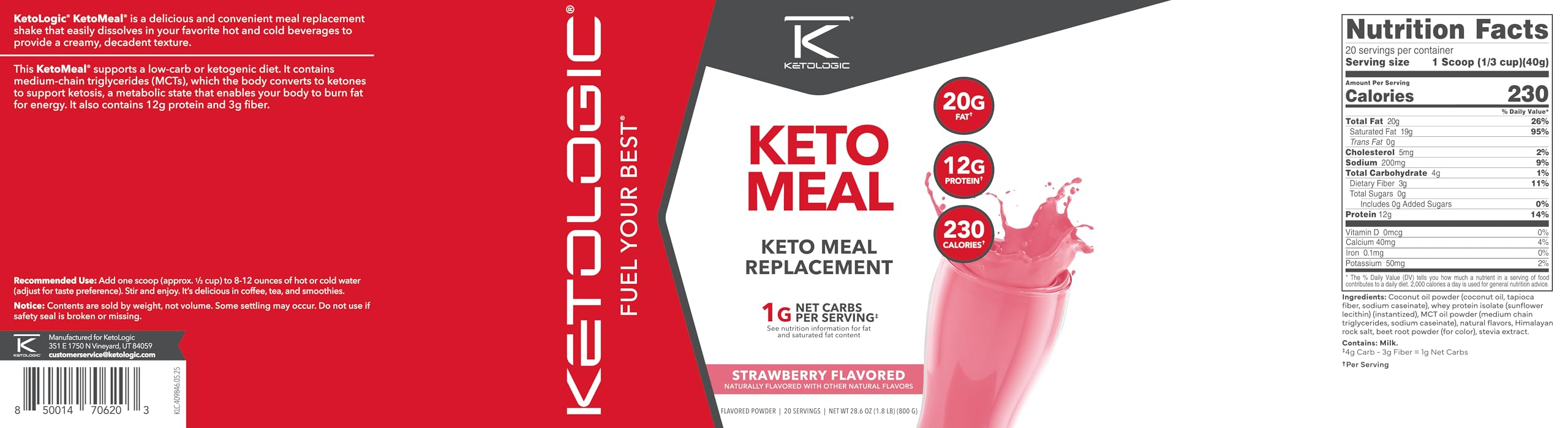 Ketologic Keto Meal Replacement Strawberry packaging illustrates 20 servings for a week of keto meals