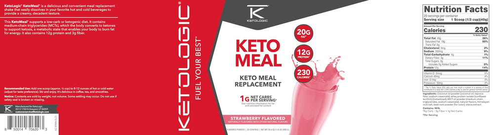 Ketologic Keto Meal Replacement Strawberry packaging illustrates 20 servings for a week of keto meals