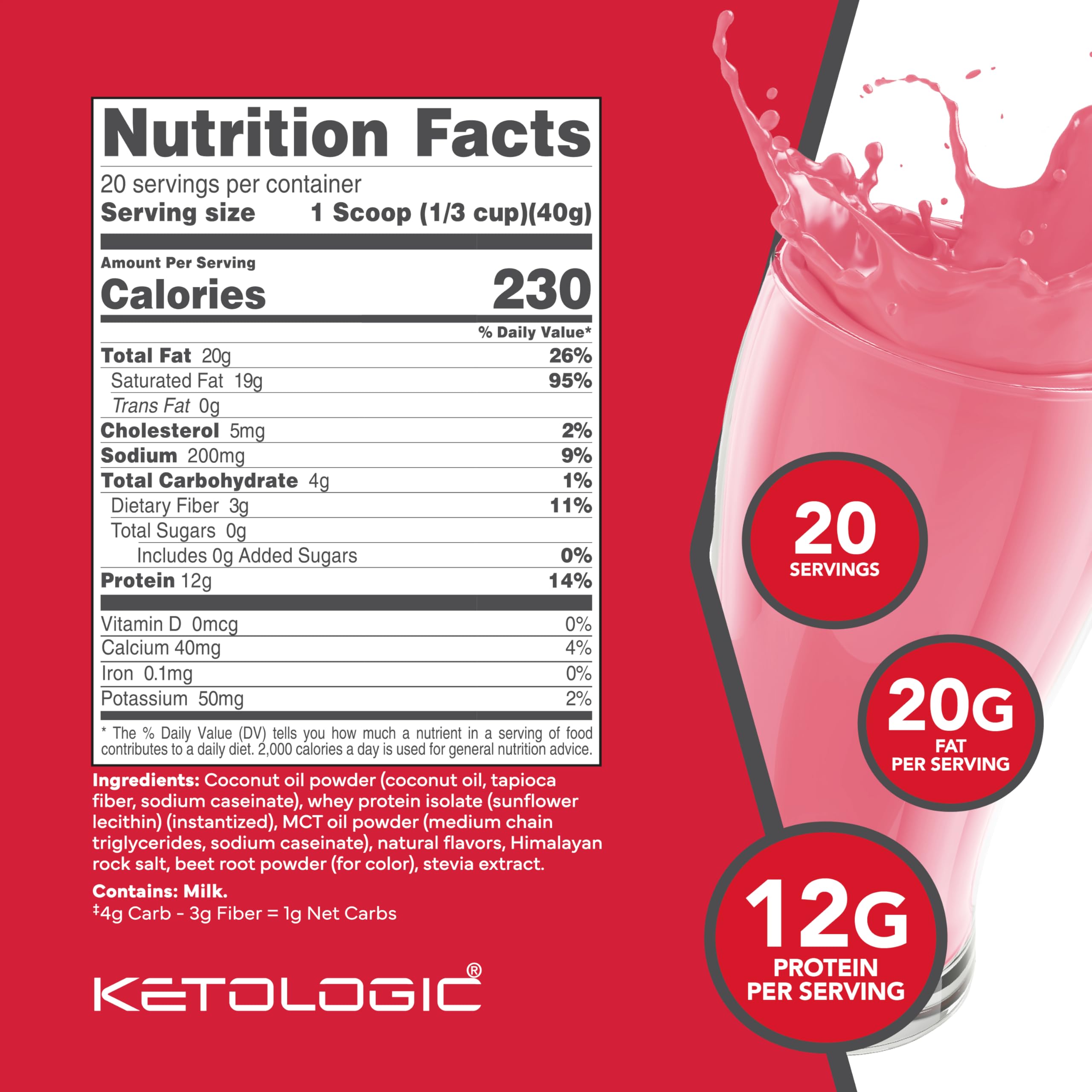Ketologic Keto Meal Replacement Strawberry scoop highlights easy meal planning and portion control