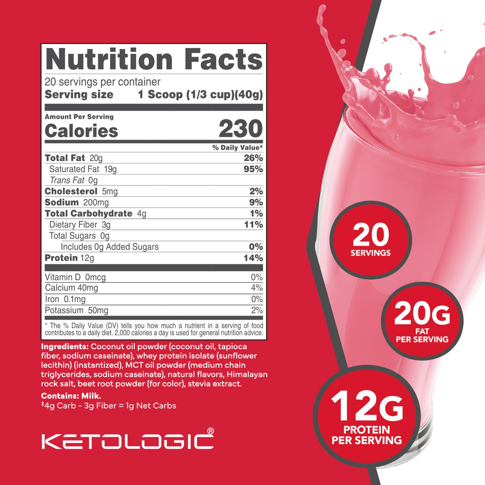 Ketologic Keto Meal Replacement Strawberry scoop highlights easy meal planning and portion control