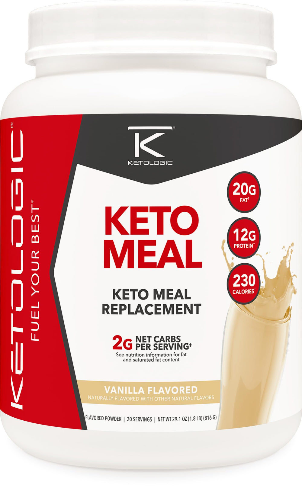 Ketologic Ketomeal vanilla bottle highlights macro balance for keto meals.