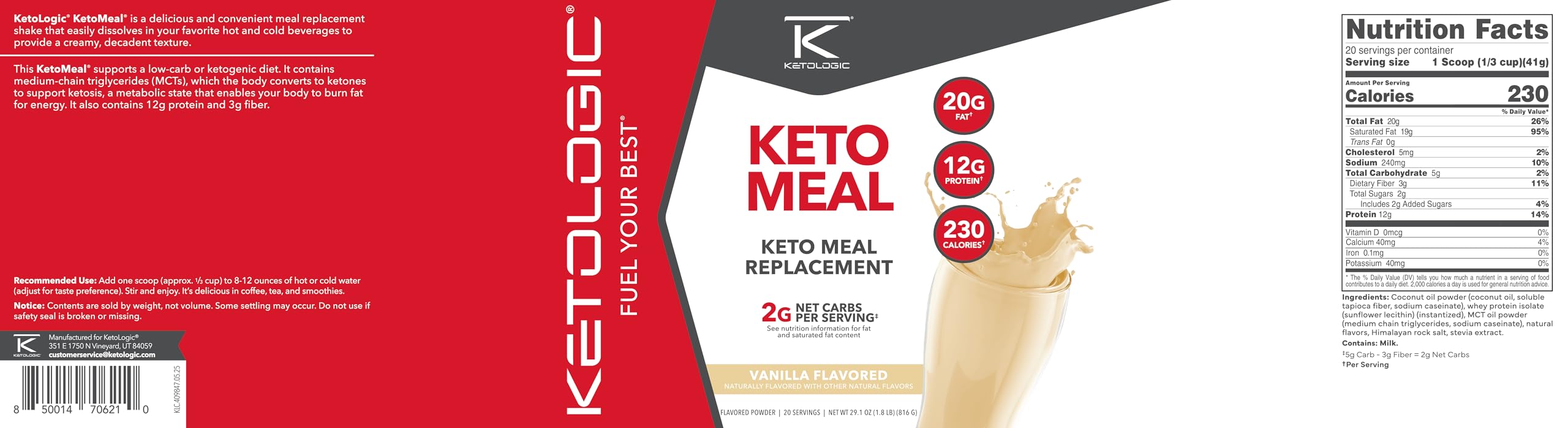 Ketologic Ketomeal vanilla nutrition label confirms carbs and macros.