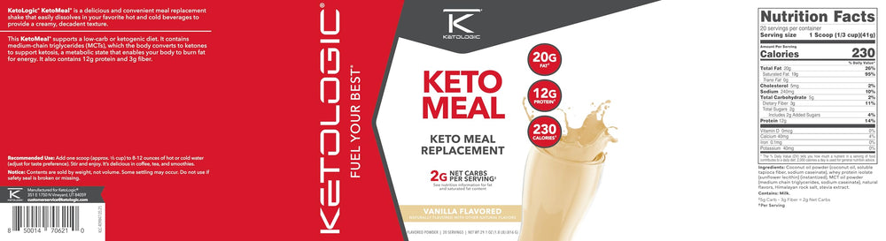 Ketologic Ketomeal vanilla nutrition label confirms carbs and macros.