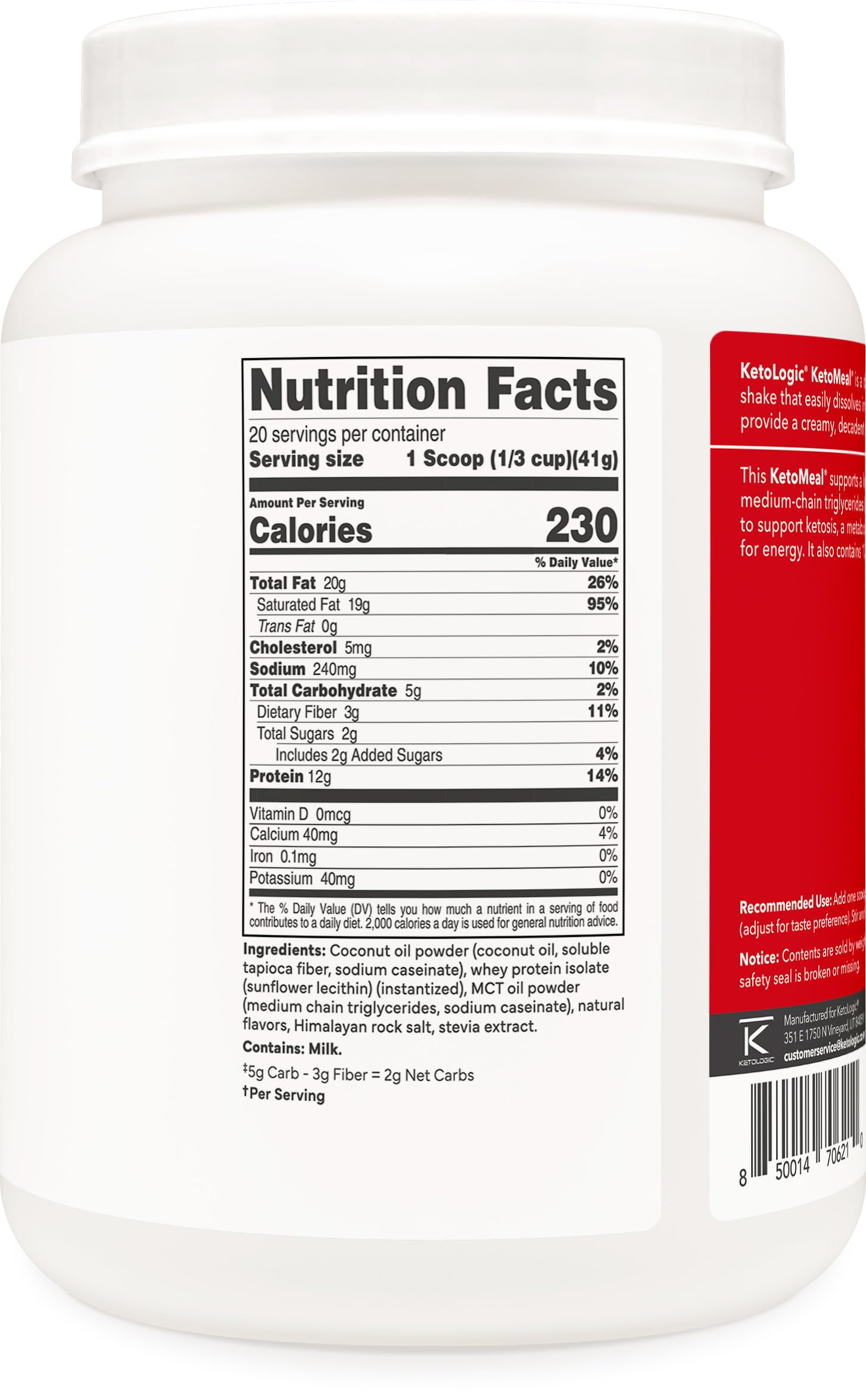 Ketologic Ketomeal vanilla scoop beside bottle emphasizes easy portion control.