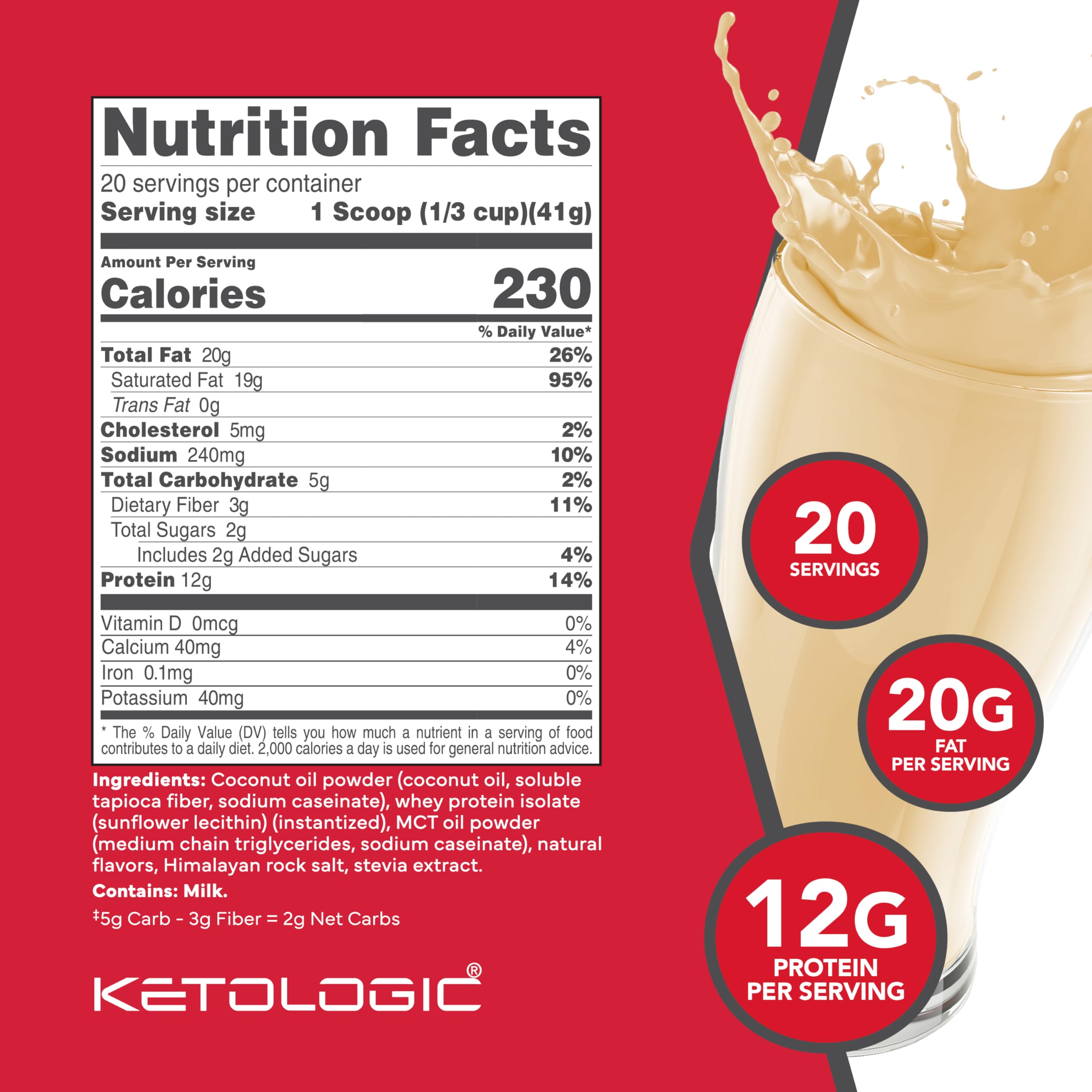 Ketologic Ketomeal vanilla shake pour demonstrates convenient on-the-go keto nutrition.