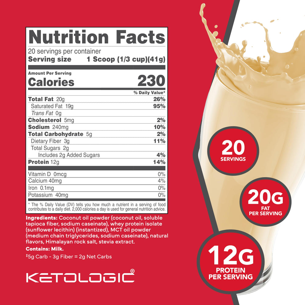 Ketologic Ketomeal vanilla shake pour demonstrates convenient on-the-go keto nutrition.