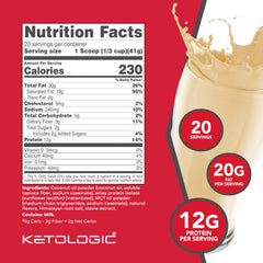 Ketologic Ketomeal vanilla shake pour demonstrates convenient on-the-go keto nutrition.