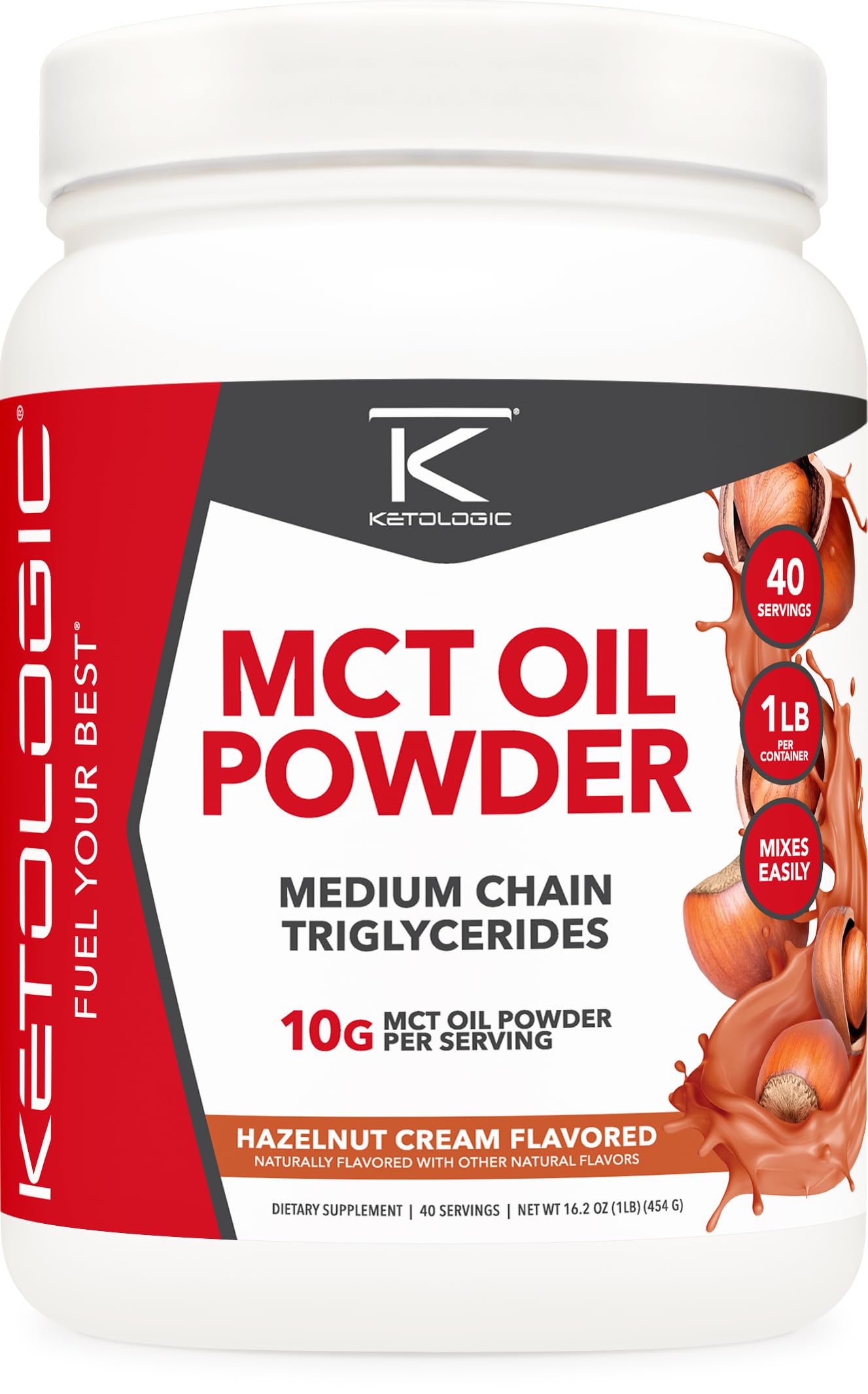 Ketologic MCT Oil Powder Hazelnut Cream bottle with scoop for creamy coffee enhancement