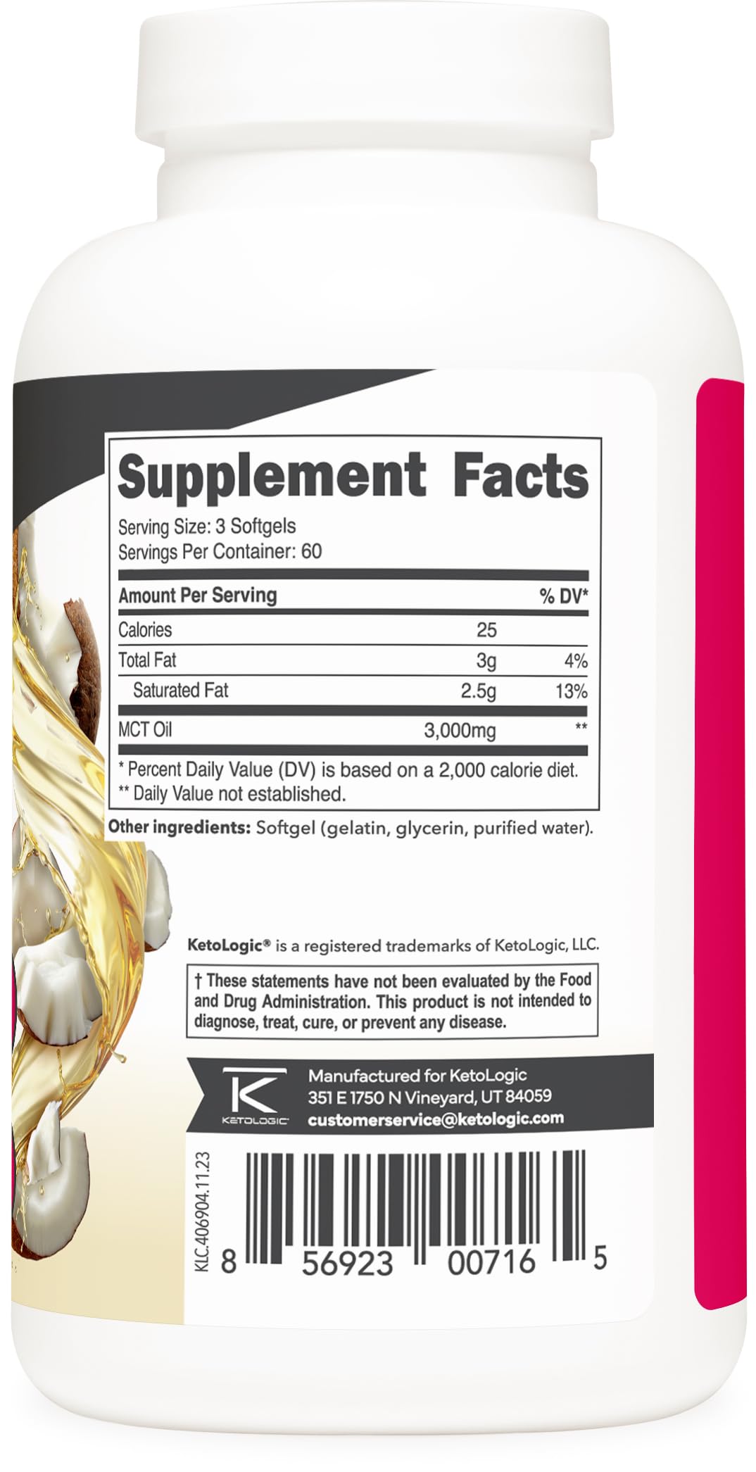 Ketologic MCT Oil Softgels packaging reflects NSF GMP compliant manufacturing standards.