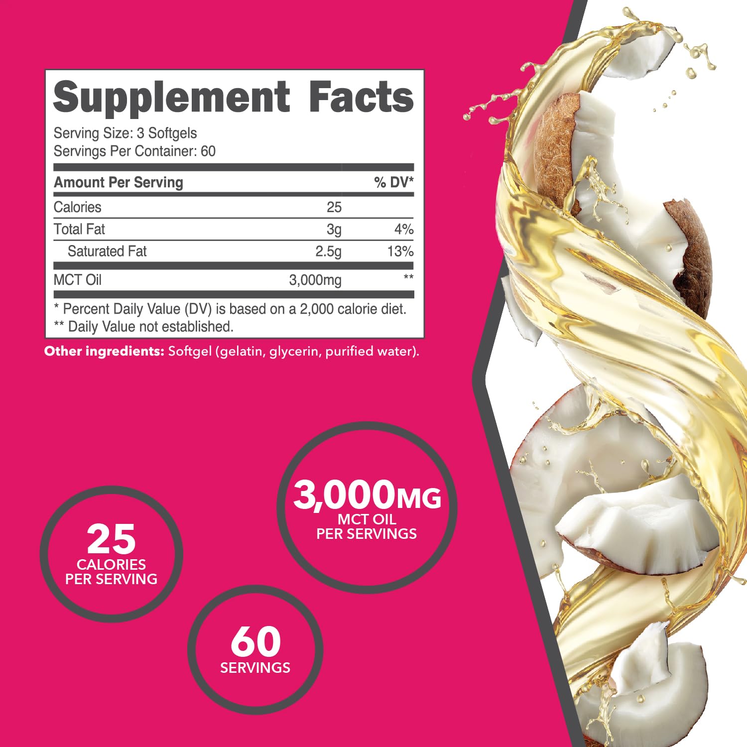 Ketologic MCT Oil Softgels serving image highlights 60 servings per bottle for steady fueling.