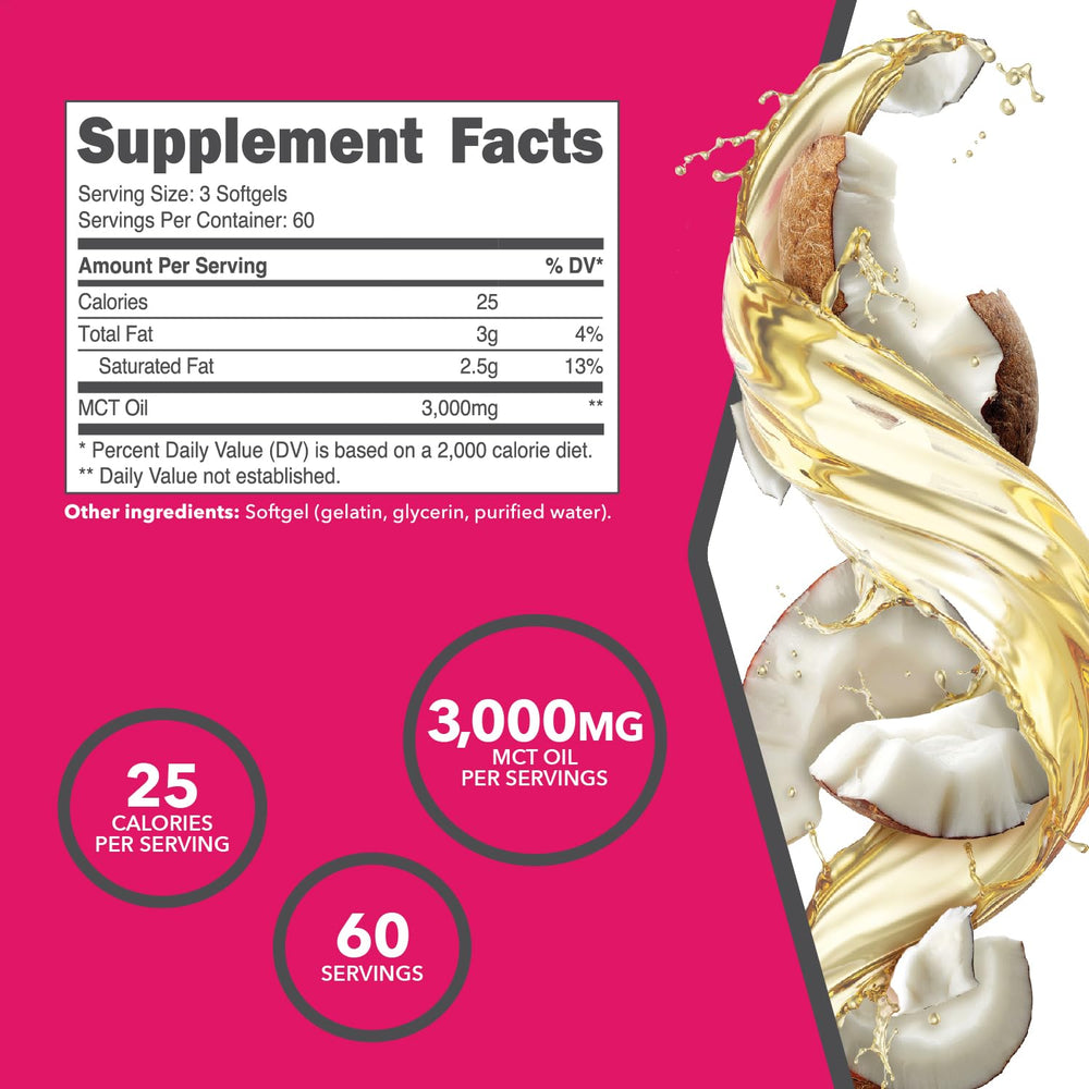Ketologic MCT Oil Softgels serving image highlights 60 servings per bottle for steady fueling.