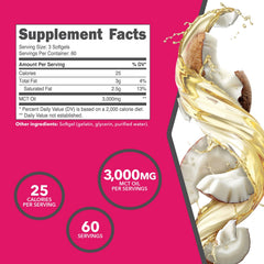 Ketologic MCT Oil Softgels serving image highlights 60 servings per bottle for steady fueling.