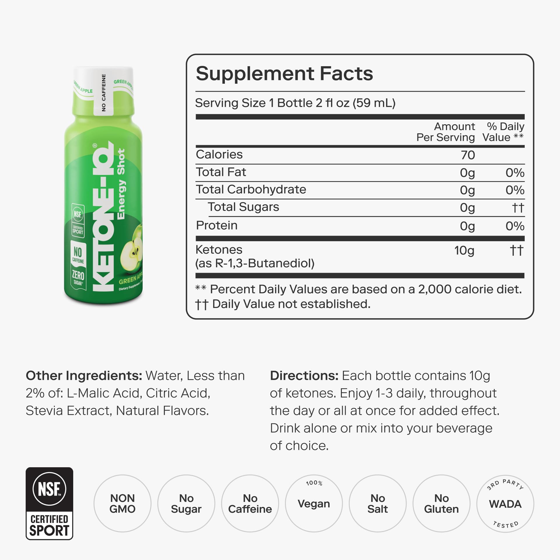 Ketone-IQ close-up bottle label highlighting 10g ketones per shot