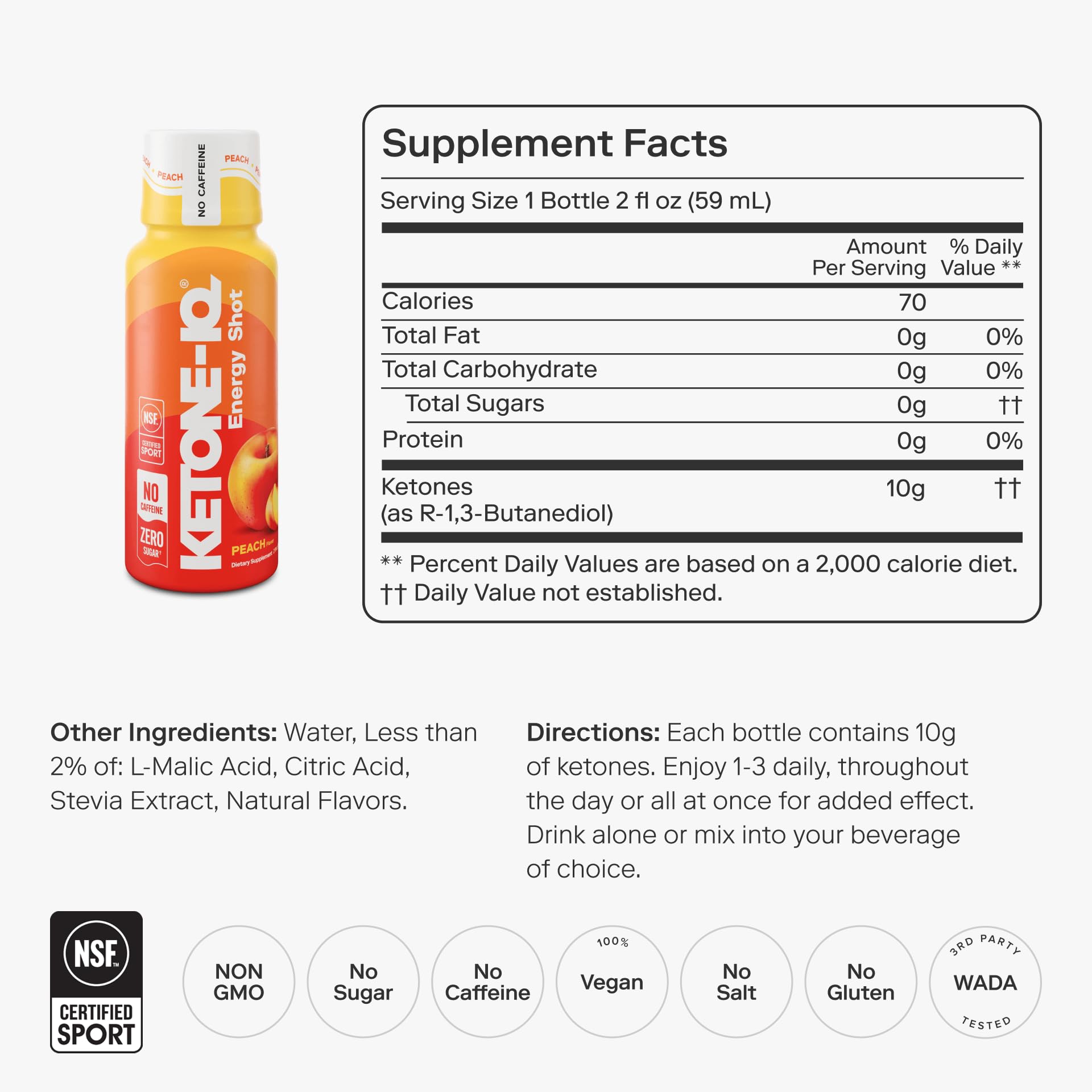 Ketone-IQ No Caffeine Shot Peach in glass with long-lasting, sugar-free energy.