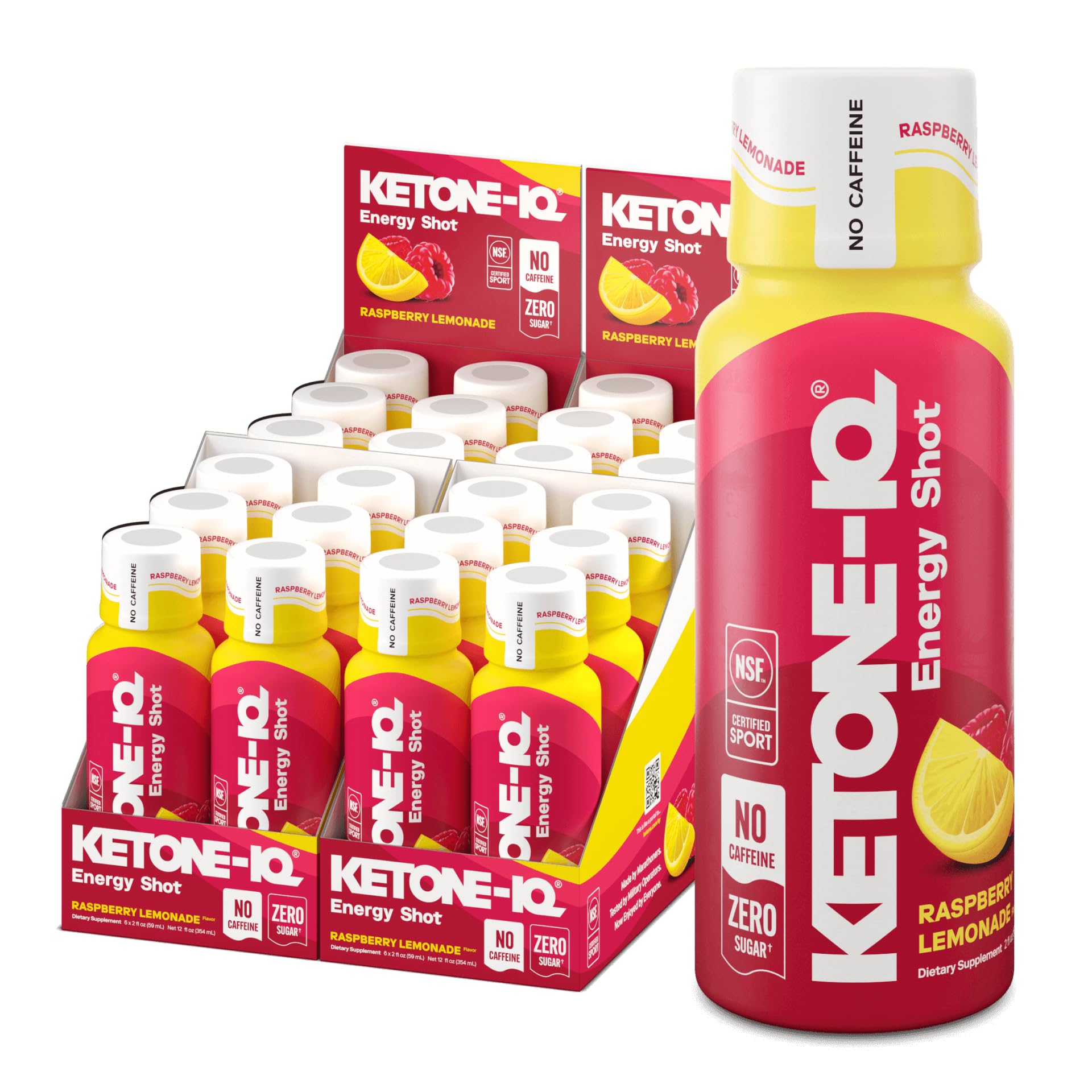 Ketone-IQ Raspberry Lemonade shot label showcases caffeine-free energy for focused days.