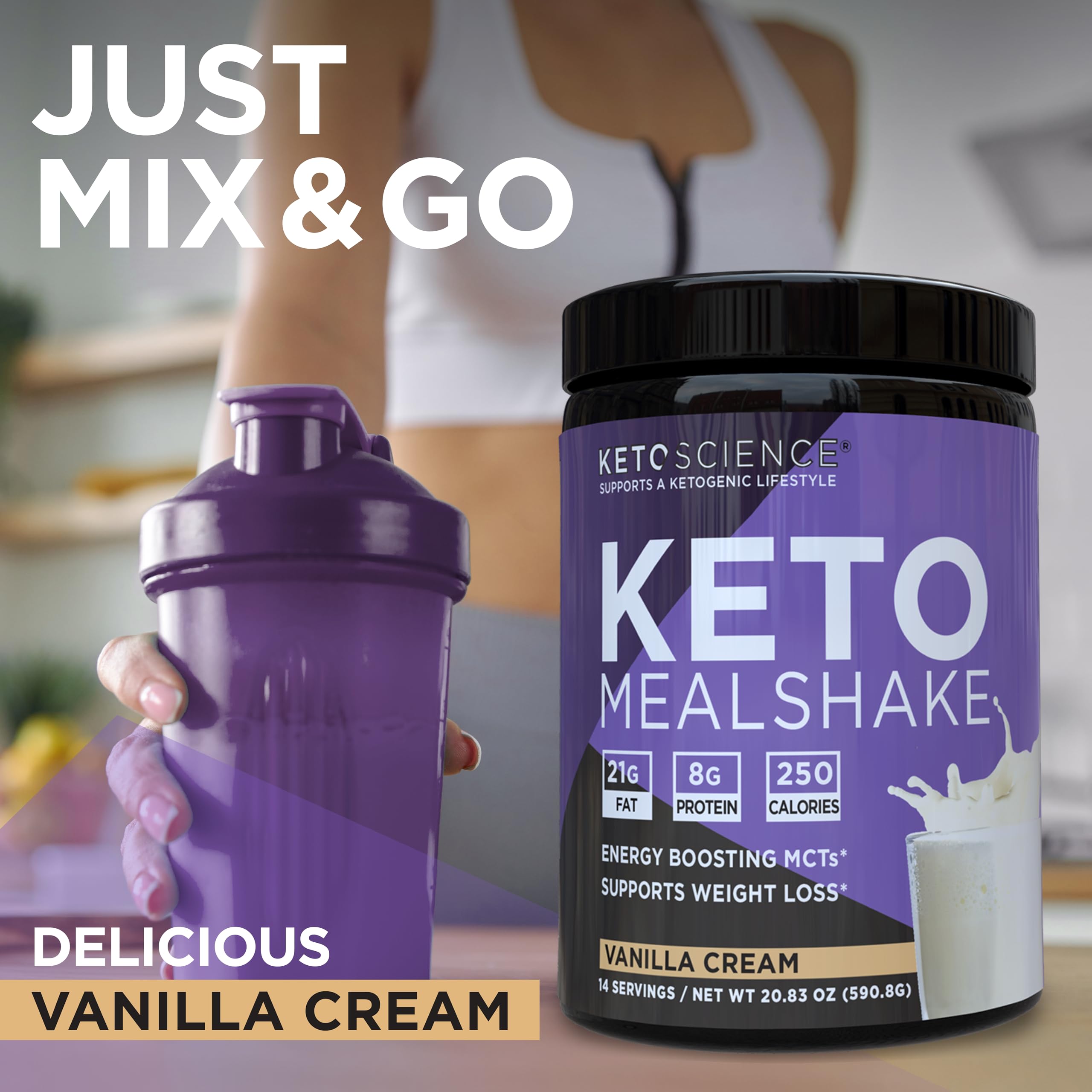 Keto Science Keto Meal Shake Vanilla on a table suggests on-the-go keto nutrition