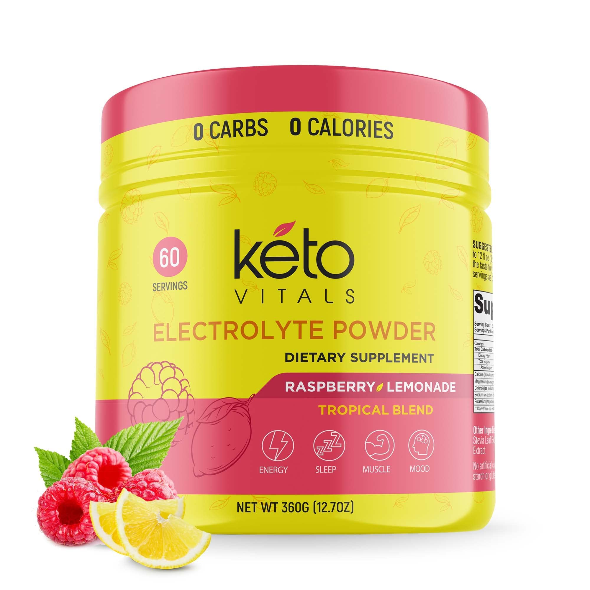 Keto Vitals Electrolytes Powder Raspberry Lemonade tub for sugar-free hydration.