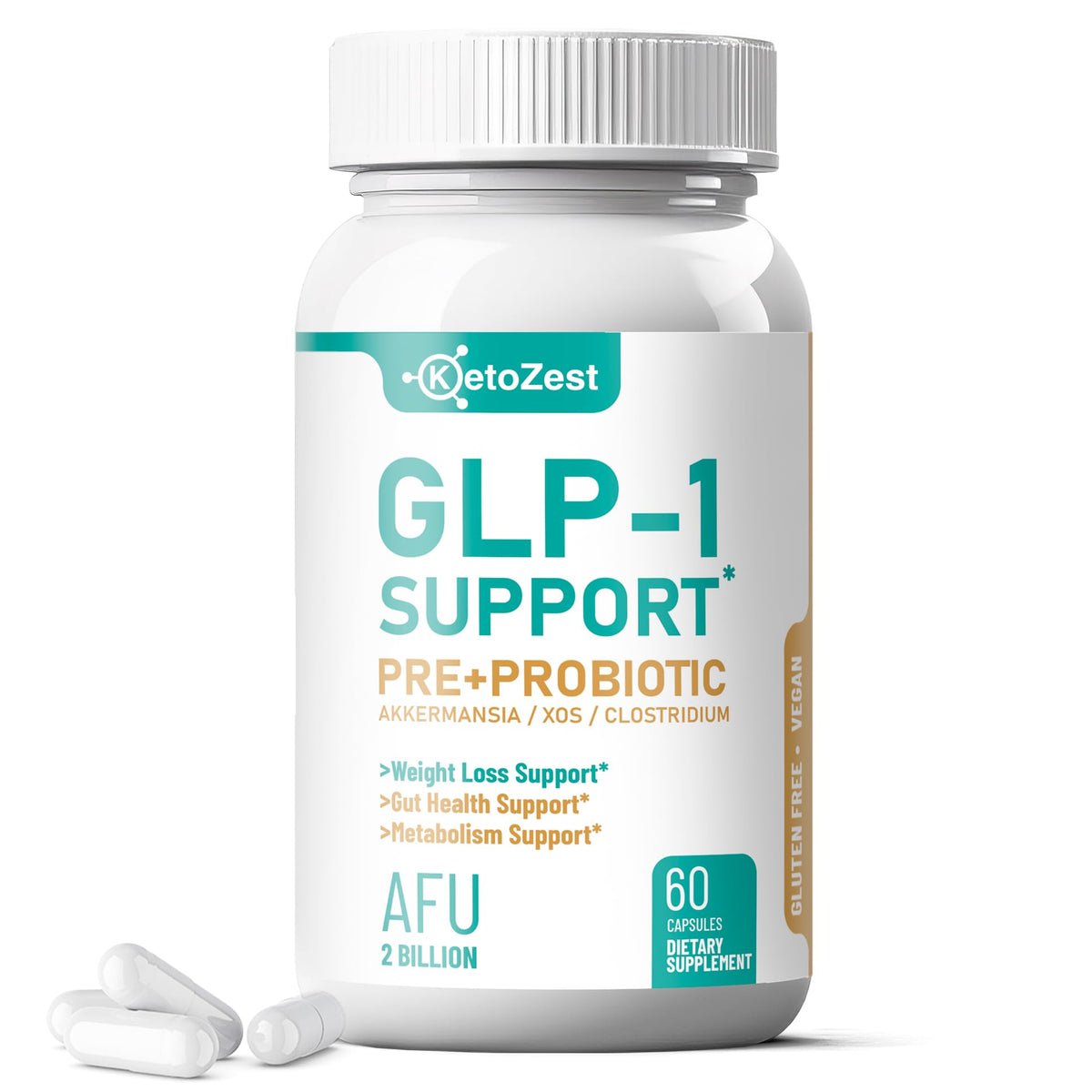 KetoZest GLP-1 Support bottle label highlights vegan, gluten-free wellness benefits
