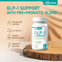 KetoZest GLP-1 Support capsules close-up showing the 2B AFU probiotic blend