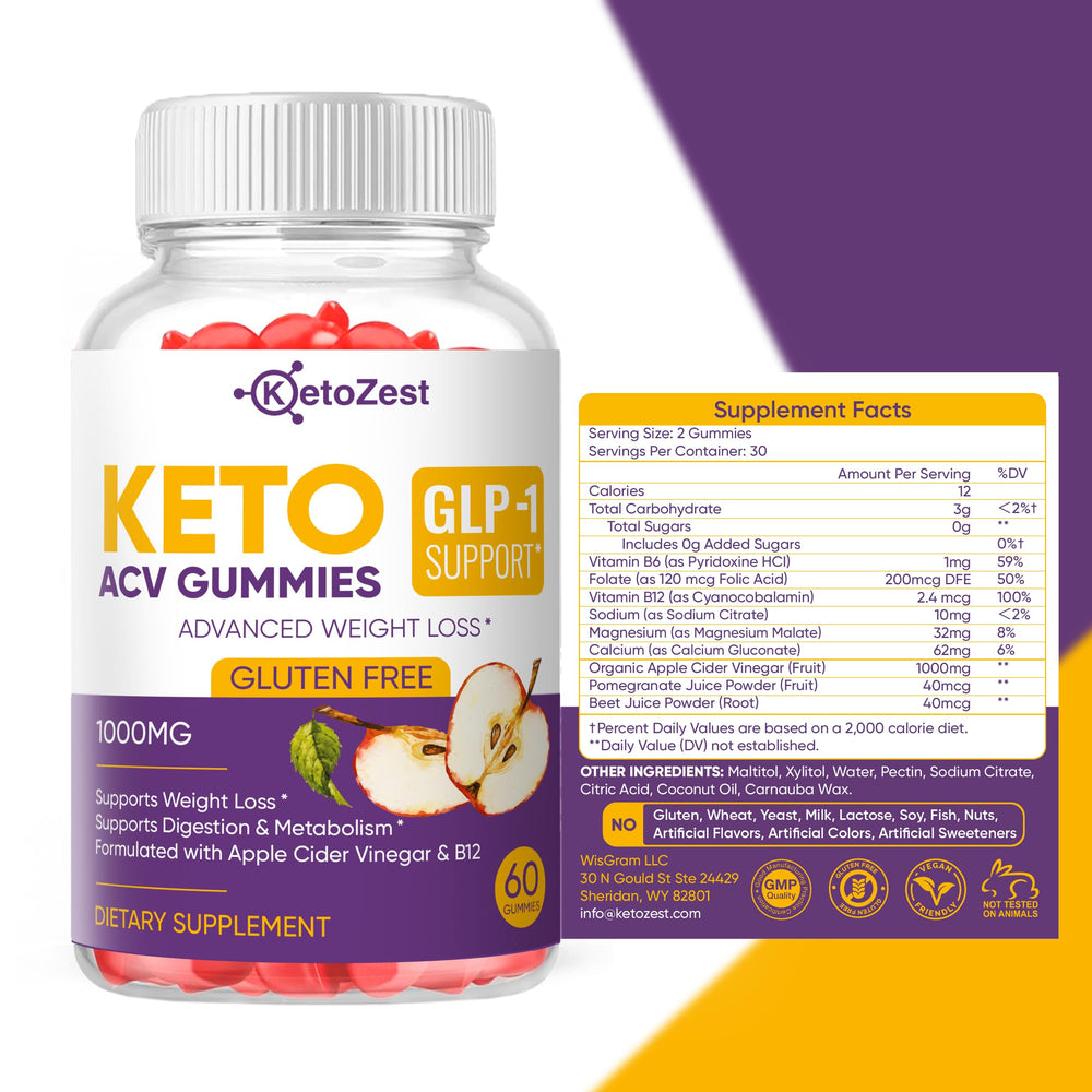 KetoZest ingredient icons on pack featuring apple cider vinegar and B12.