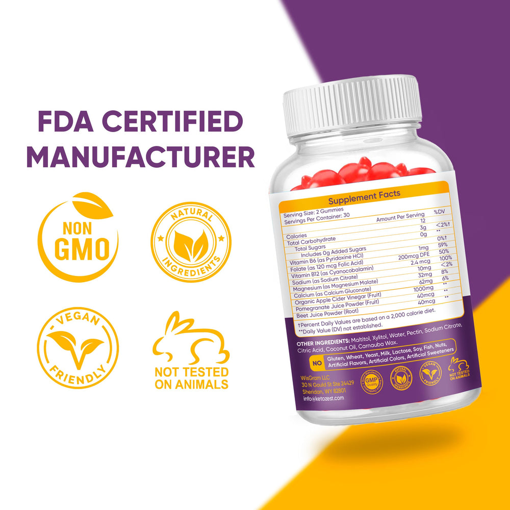 KetoZest Keto ACV Gummies label closeup showing gluten-free, GMO-free formula.