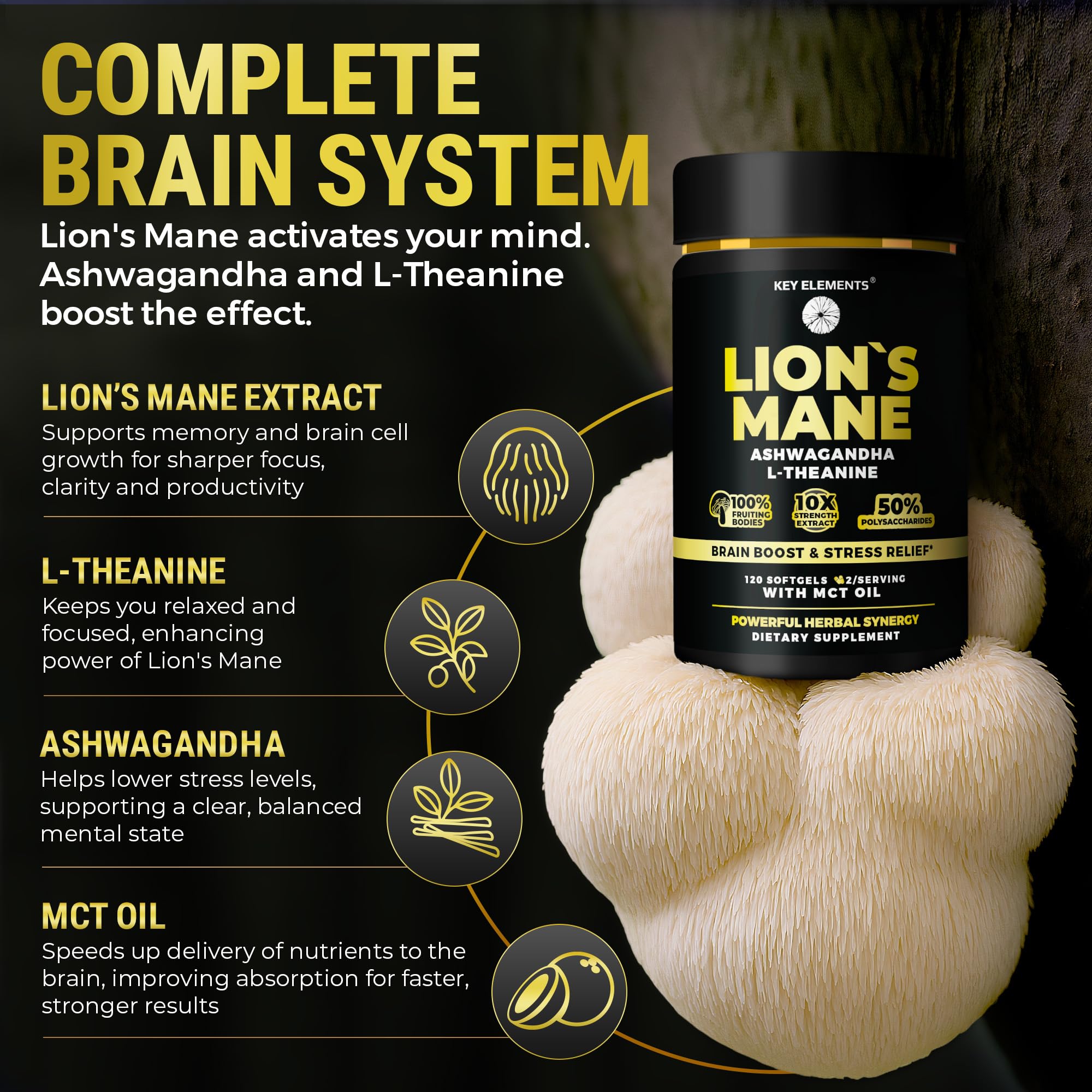 Key Elements Ashwagandha and L-Theanine blend for calmer focus.