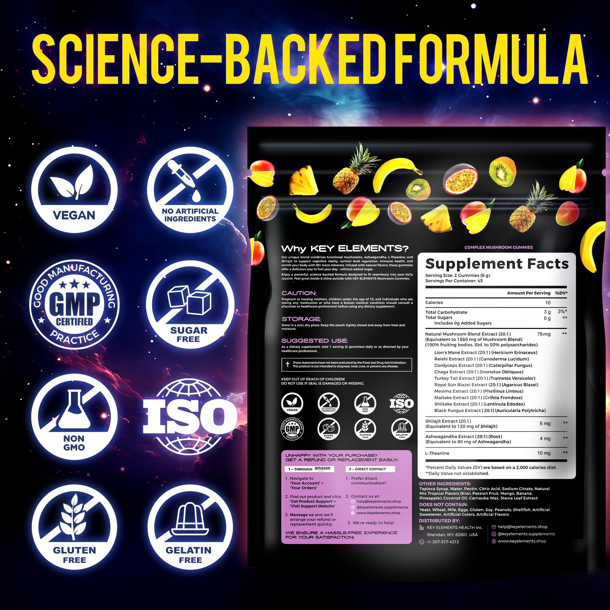 Key Elements fruit-flavored gummies suggesting balanced energy and calm focus.