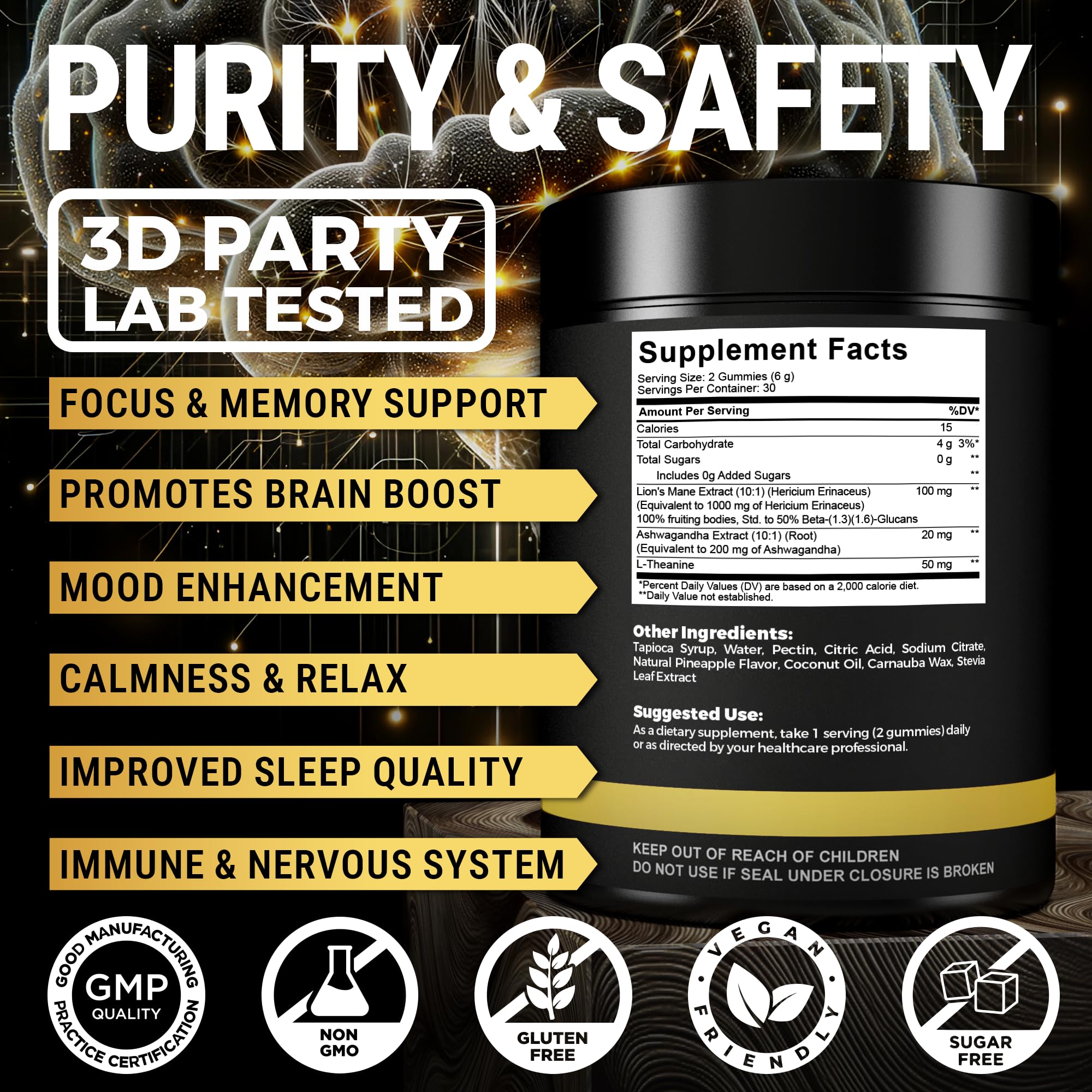 30 servings per bottle information visible on KEY ELEMENTS Lion's Mane gummies label.
