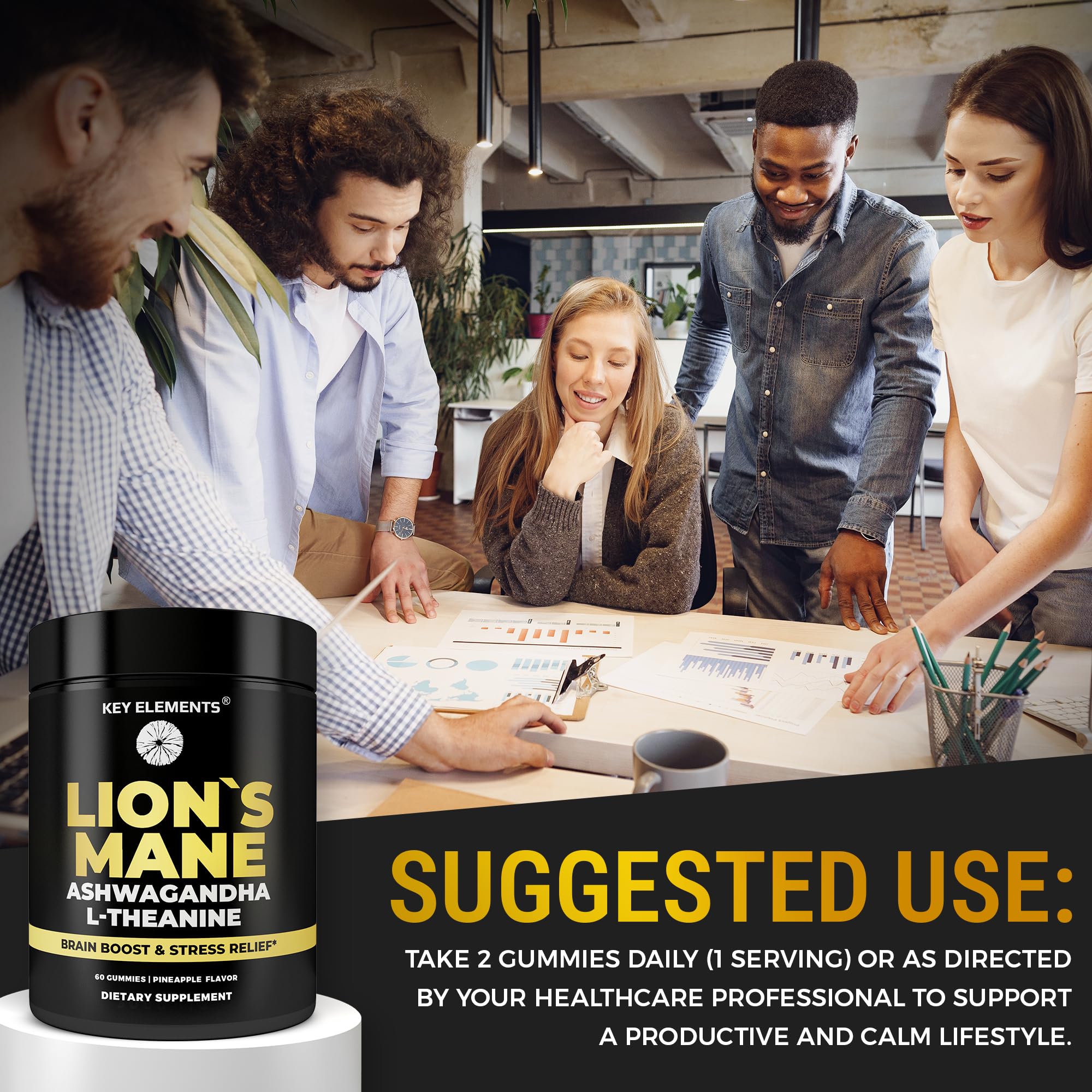 Organic, non-GMO badge on KEY ELEMENTS Lion's Mane gummies packaging.