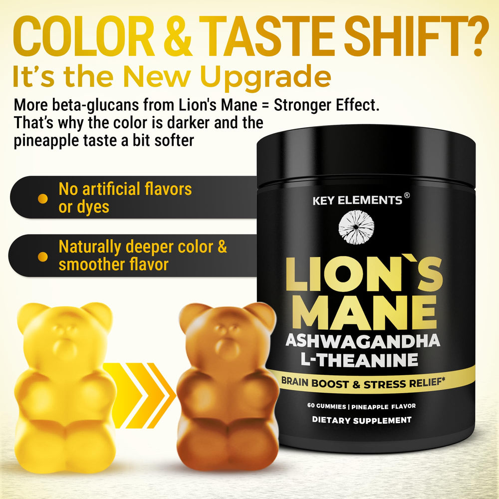Pack shot of KEY ELEMENTS Lion's Mane gummies highlights vegan, gluten-free formula.