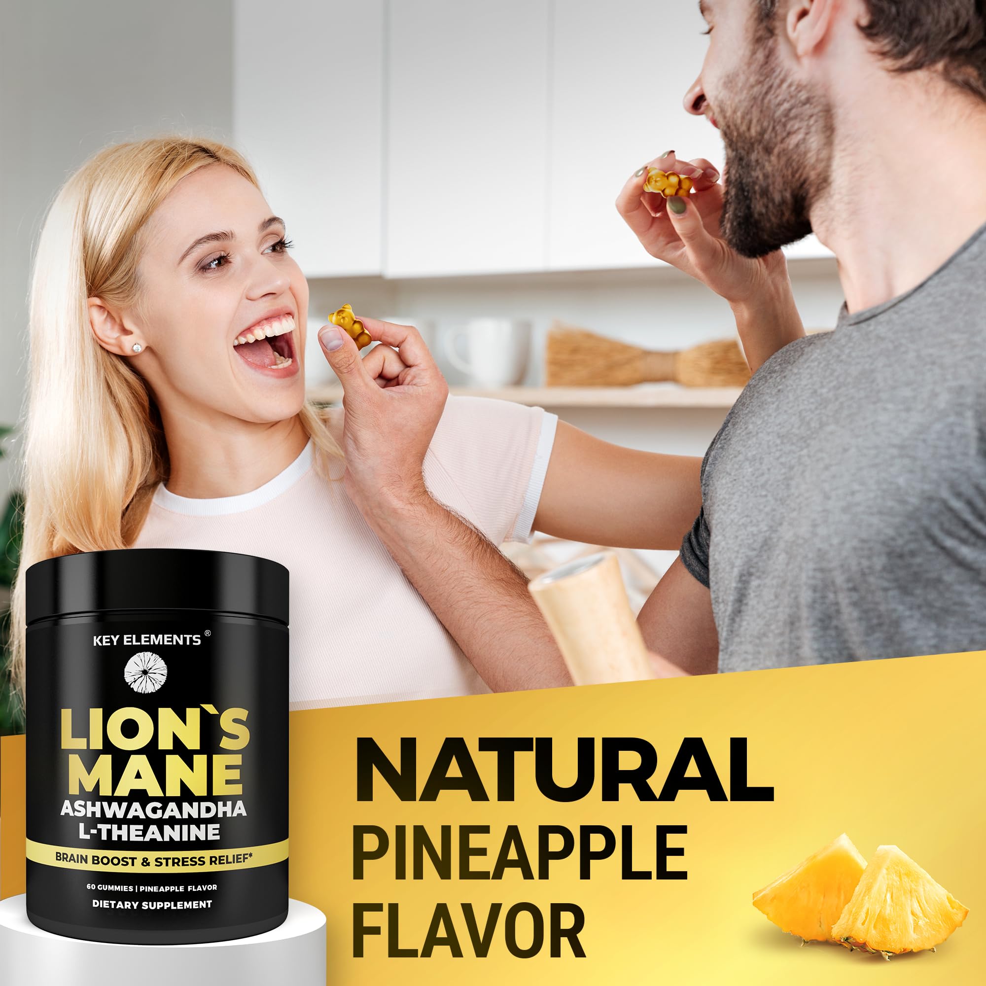 Vegan and gluten-free credentials on KEY ELEMENTS Lion's Mane gummies packaging.
