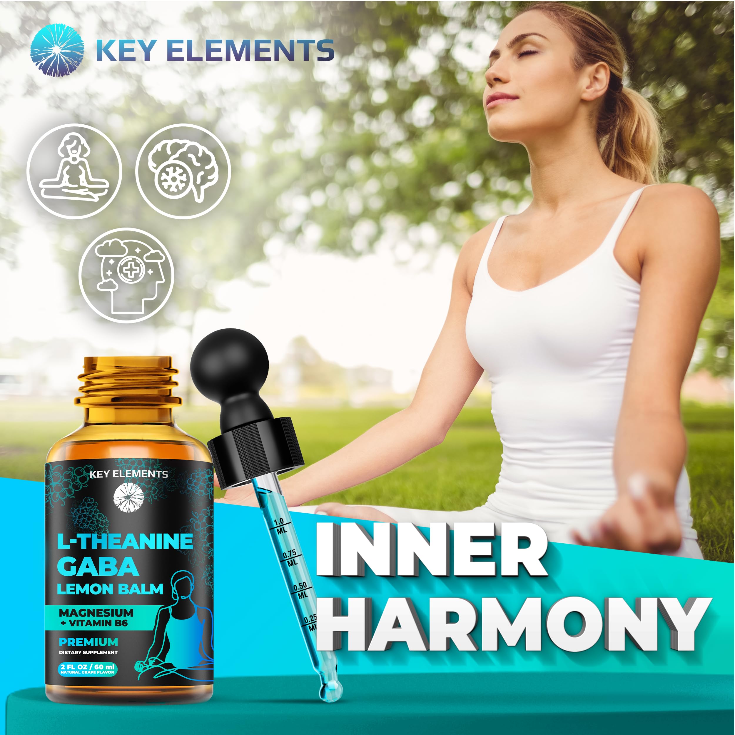 Key Elements Liquid GABA grape drops poured into a glass for easy daily use.