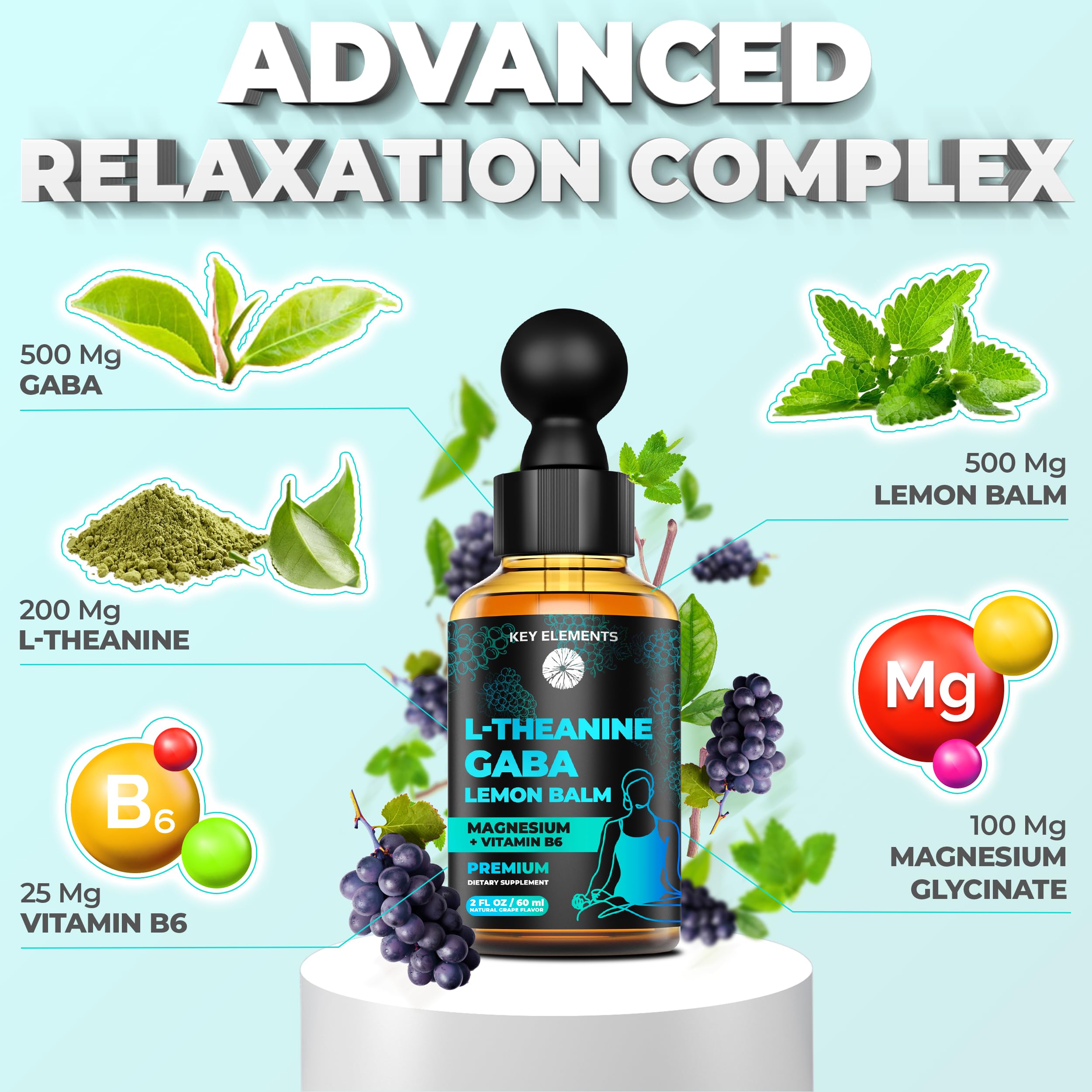 Key Elements Liquid GABA bottle with label detail showing GABA 500 mg and L-Theanine 200 mg.