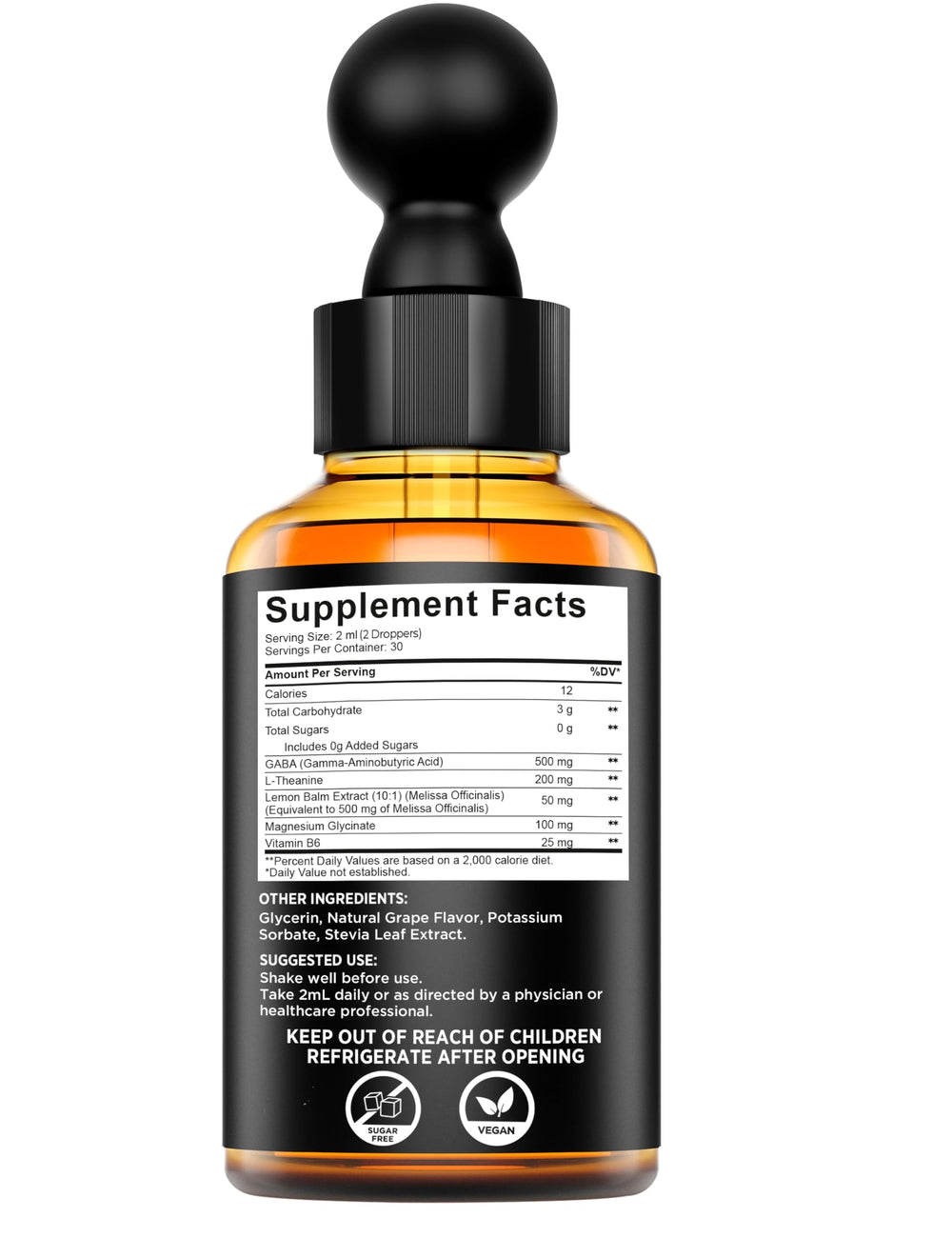 Key Elements Liquid GABA packaging beside a glass of water for easy dosing.