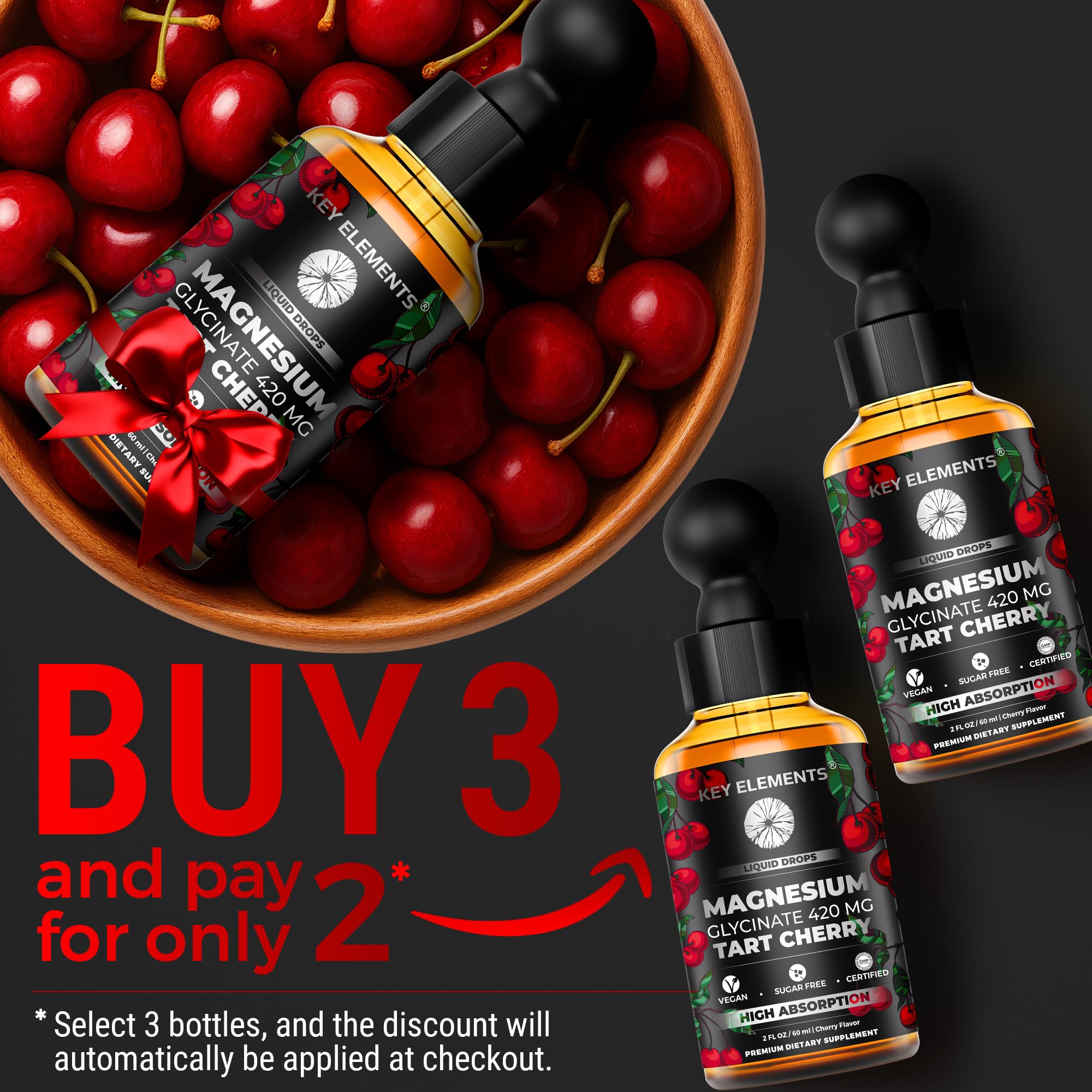 Key Elements Liquid Magnesium Glycinate dropper releasing precise drops for easy dosing.
