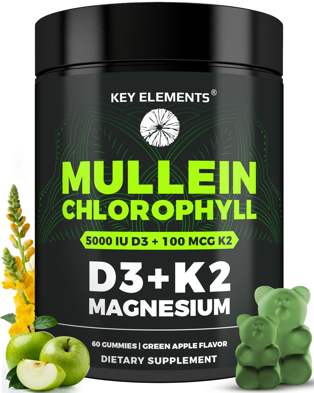 Key Elements Mullein-Chlorophyll gummies bottle showing daily wellness support