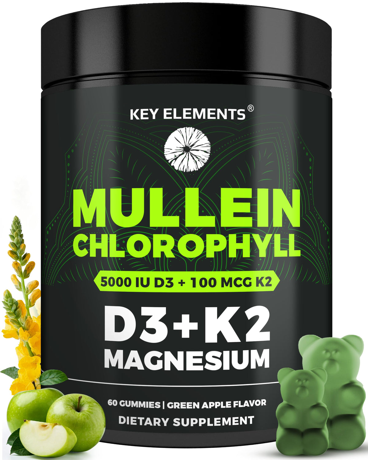 Key Elements Mullein-Chlorophyll gummies bottle showing daily wellness support