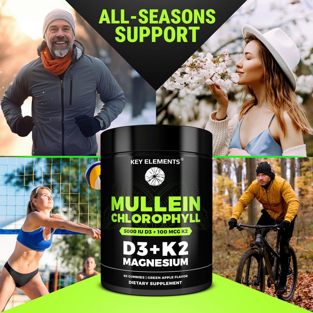 Ingredients panel featuring Mullein, Chlorophyll, D3, K2, Magnesium