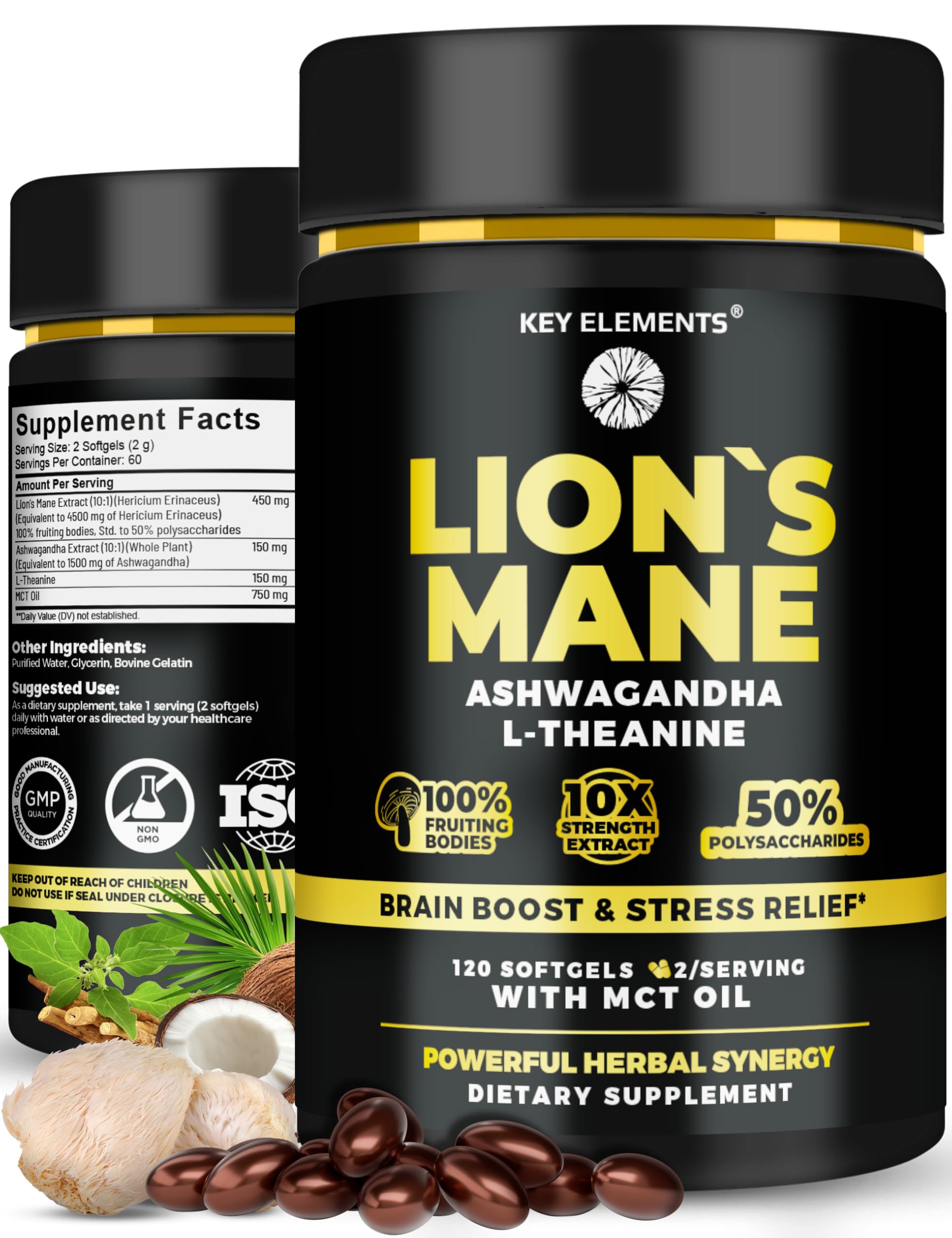 KEY ELEMENTS Organic Lions Mane bottle for convenient daily brain support.