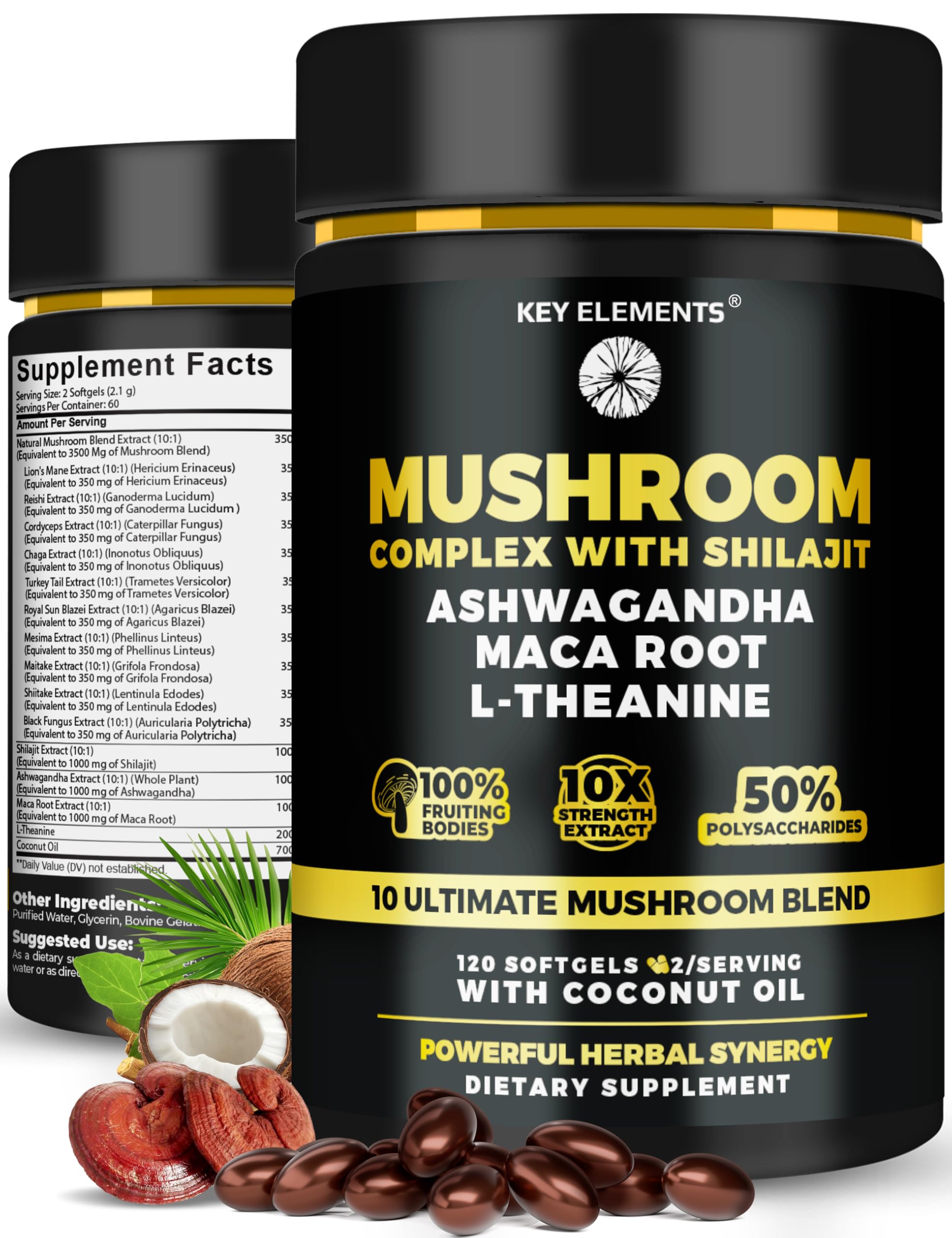 KEY ELEMENTS Organic Mushroom Complex bottle for daily focus and immune support.